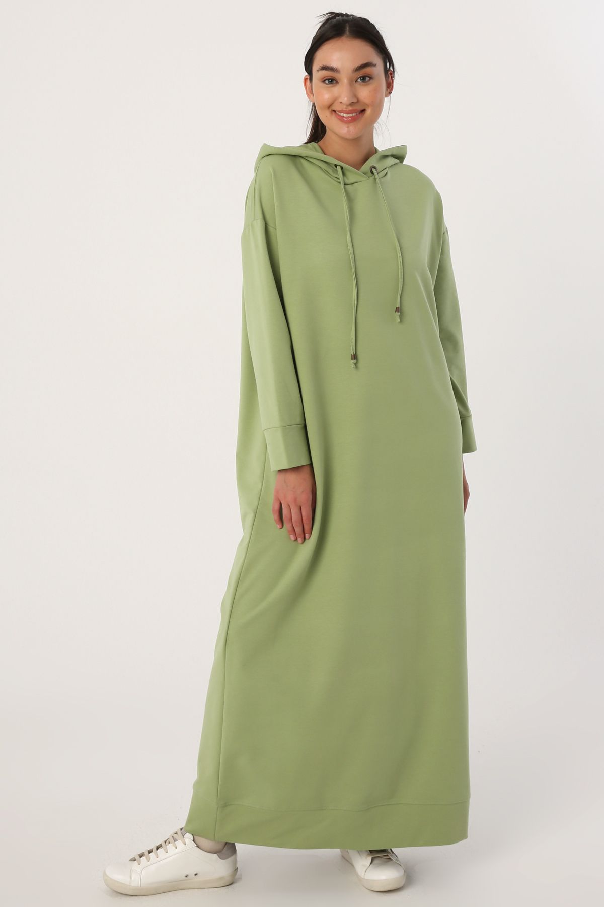 ALLDAY Açık Yeşil Basic Kapüşonlu Örme Pamuklu Elbise