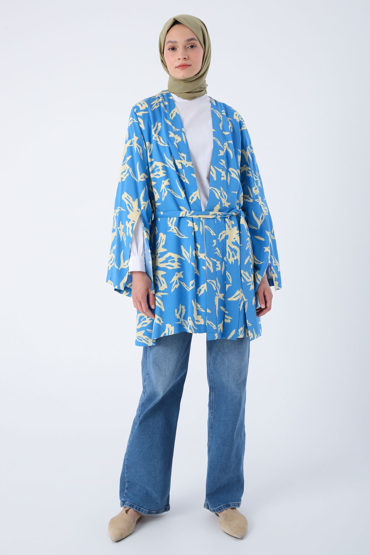 ALLDAY Mavi-bej Oversize Kol Yırtmaç Detaylı Kuşaklı Desenli Kimono