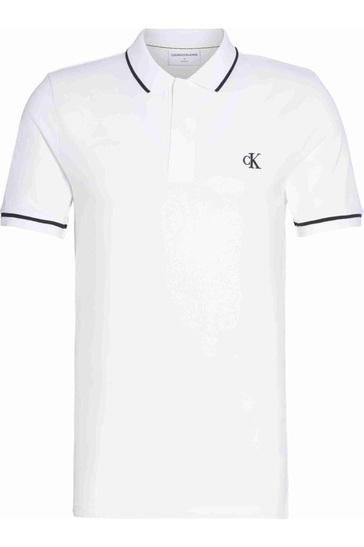 Calvin Klein CK Tıppıng Slım Polo Yaka T-shirt  J30J315603YAF J30J315603 YAF Beyaz