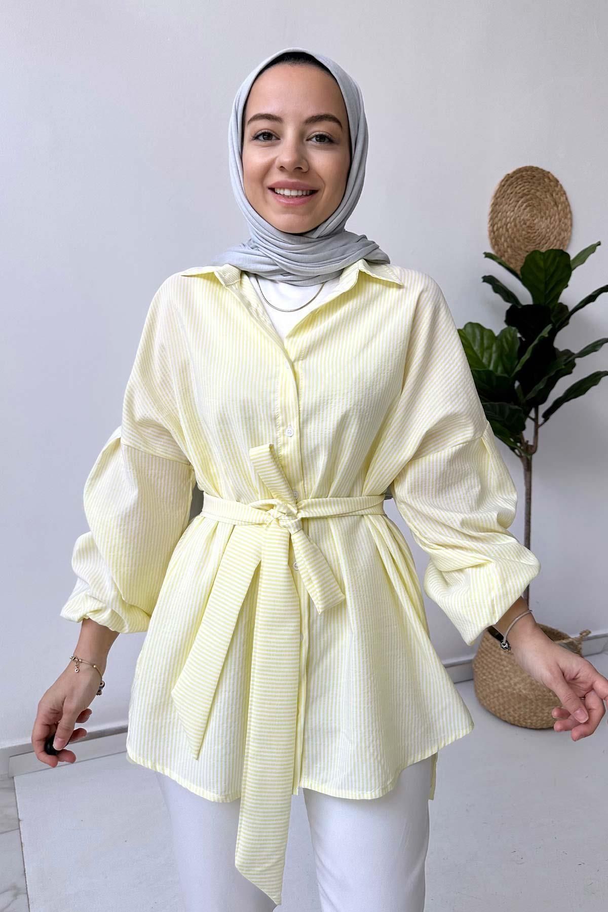 Ka Hijab Balon Kol Çizgili Gömlek - Sarı