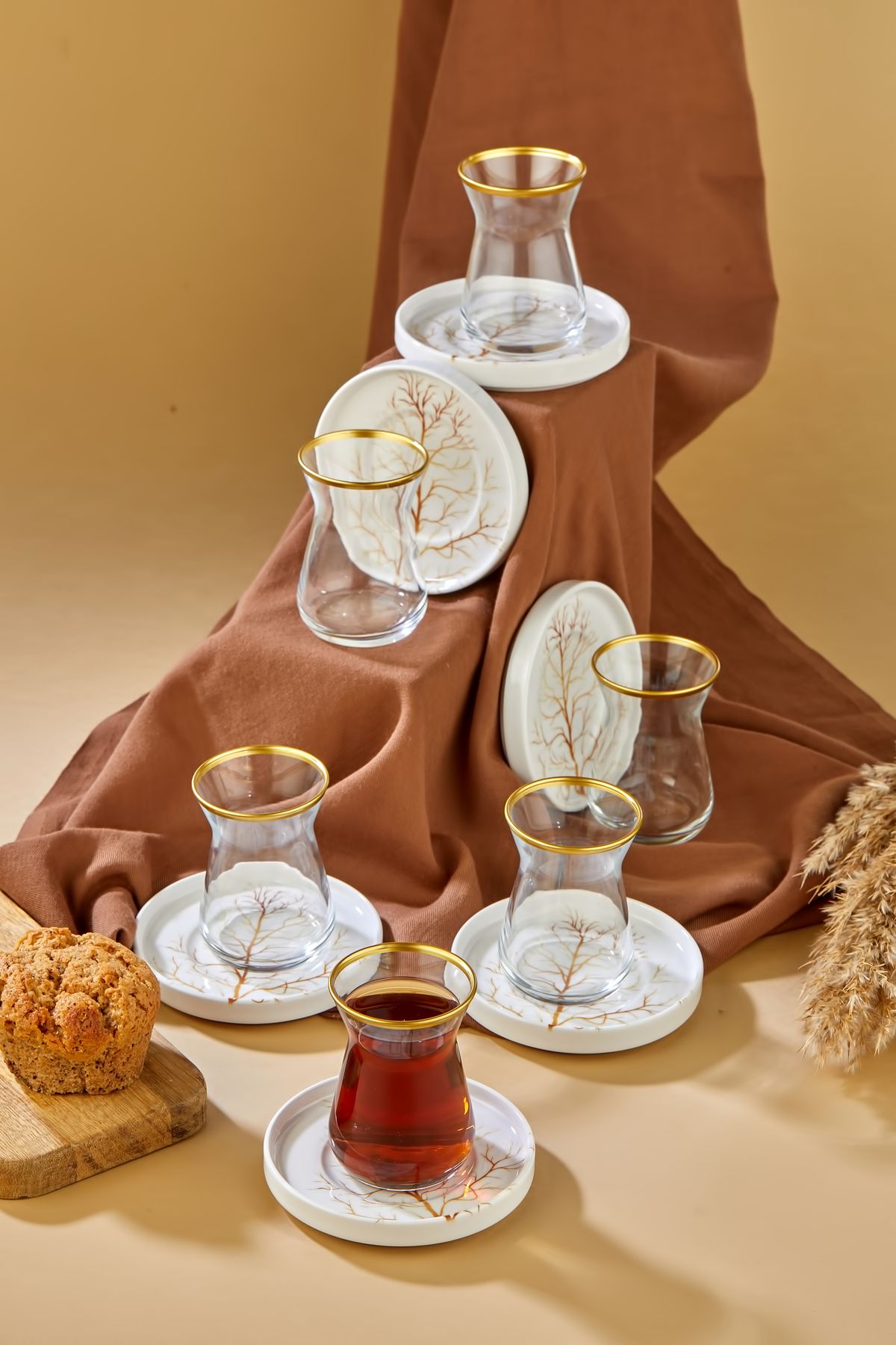 Babion Ihlamur Lüx Seramik Gold Altın Yaldız 12 Parça 6 Kişilik Çay Bardağı Takımı, Çay Seti