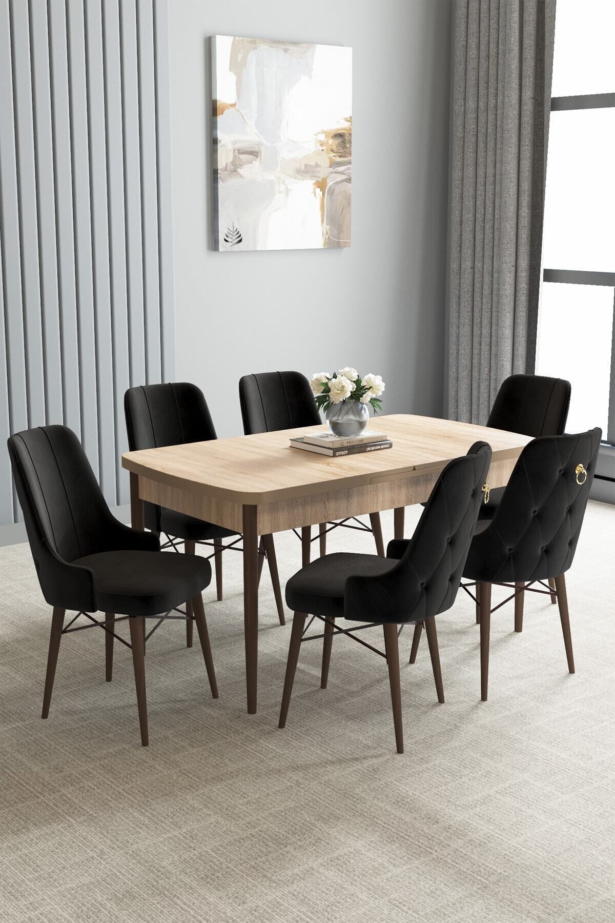 hoopsii Loft Meşe Desen 80x132 Açılabilir Mutfak Masası Takımı 6 Adet Sandalye