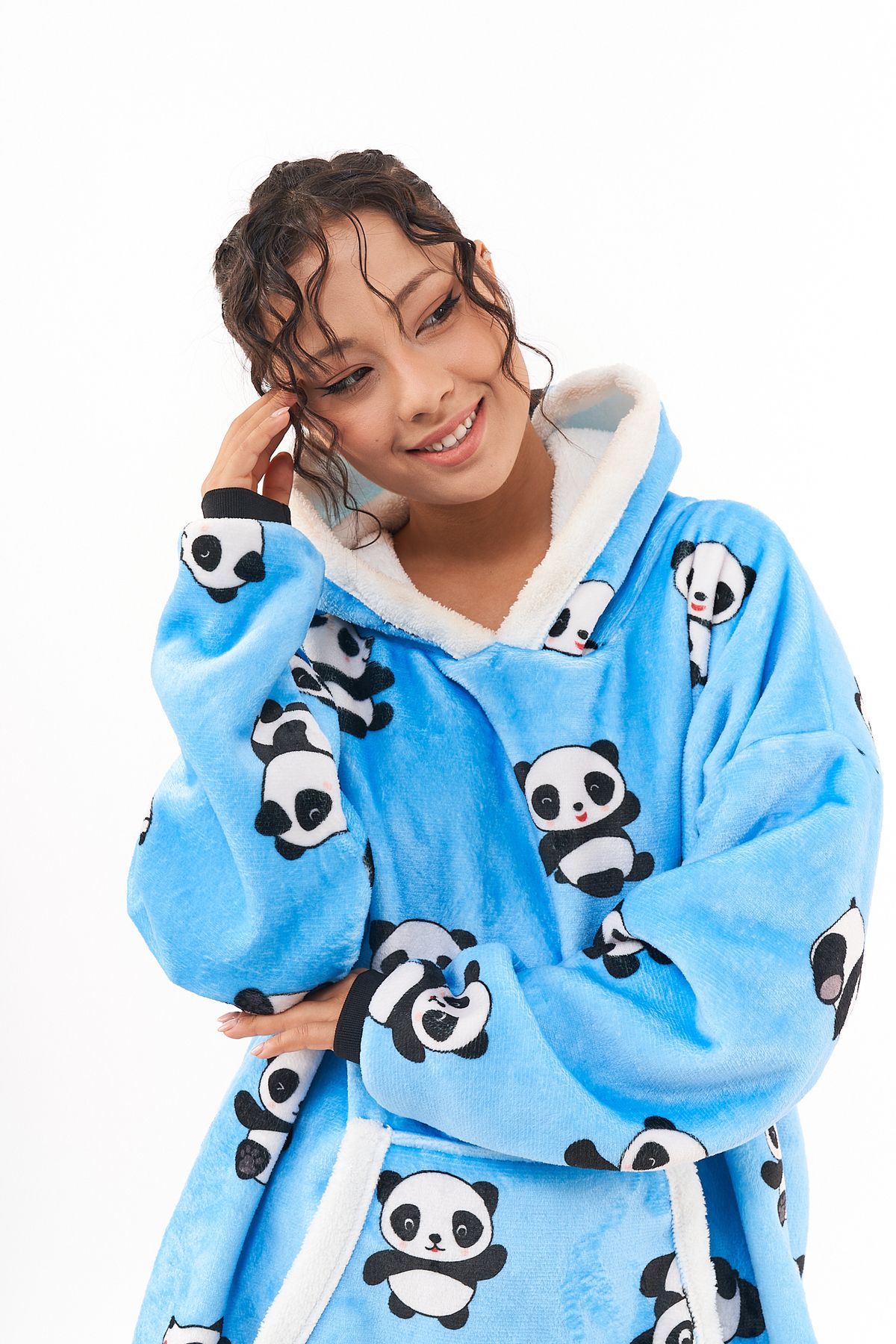 Federi Oversize Panda Baskılı Kapüşonlu Hoodie / Sweatshirt - Giyilebilir Battaniye