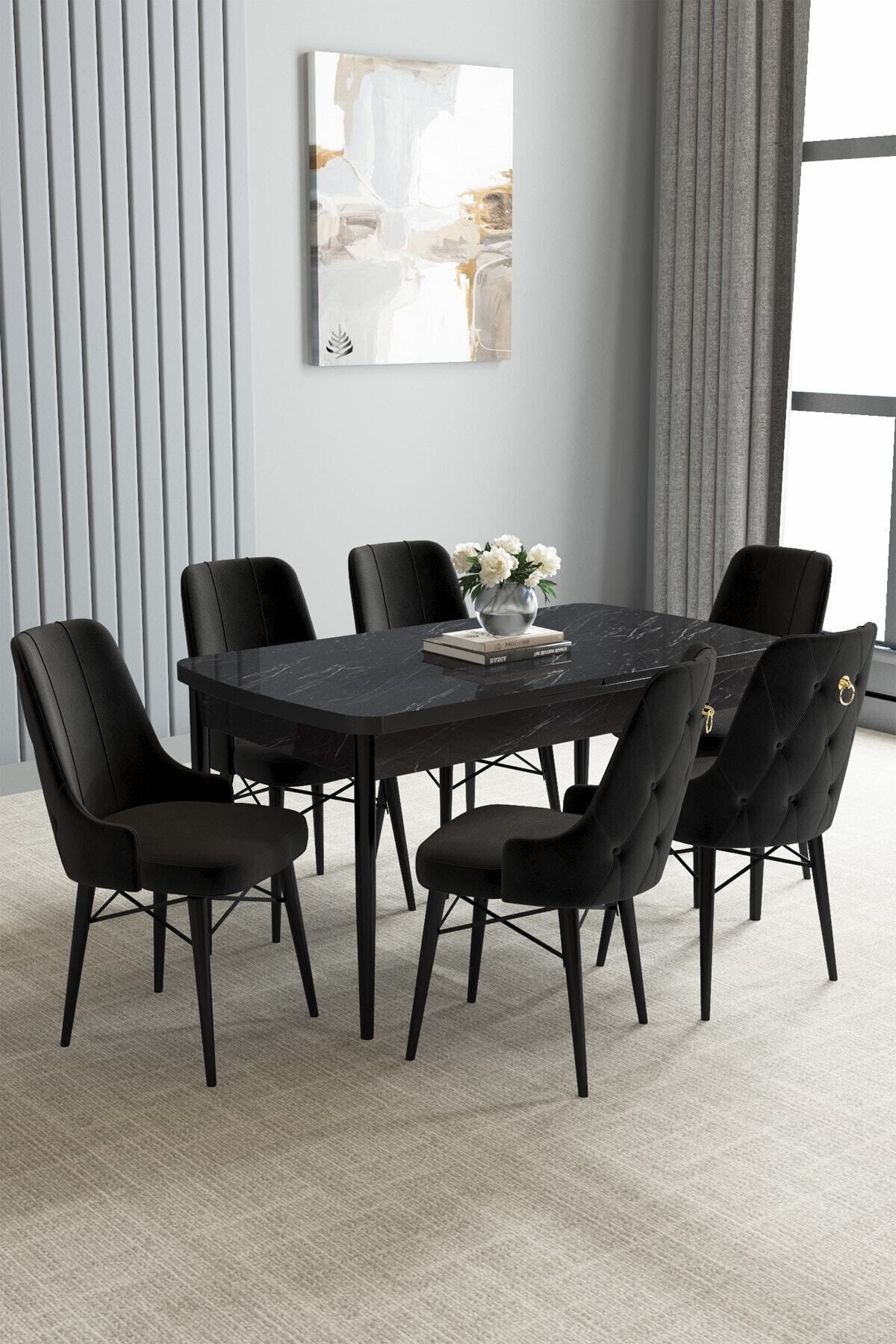 hoopsii Loft Siyah Mermer Desen 80x132 Açılabilir Mutfak Masası Takımı 6 Adet Sandalye