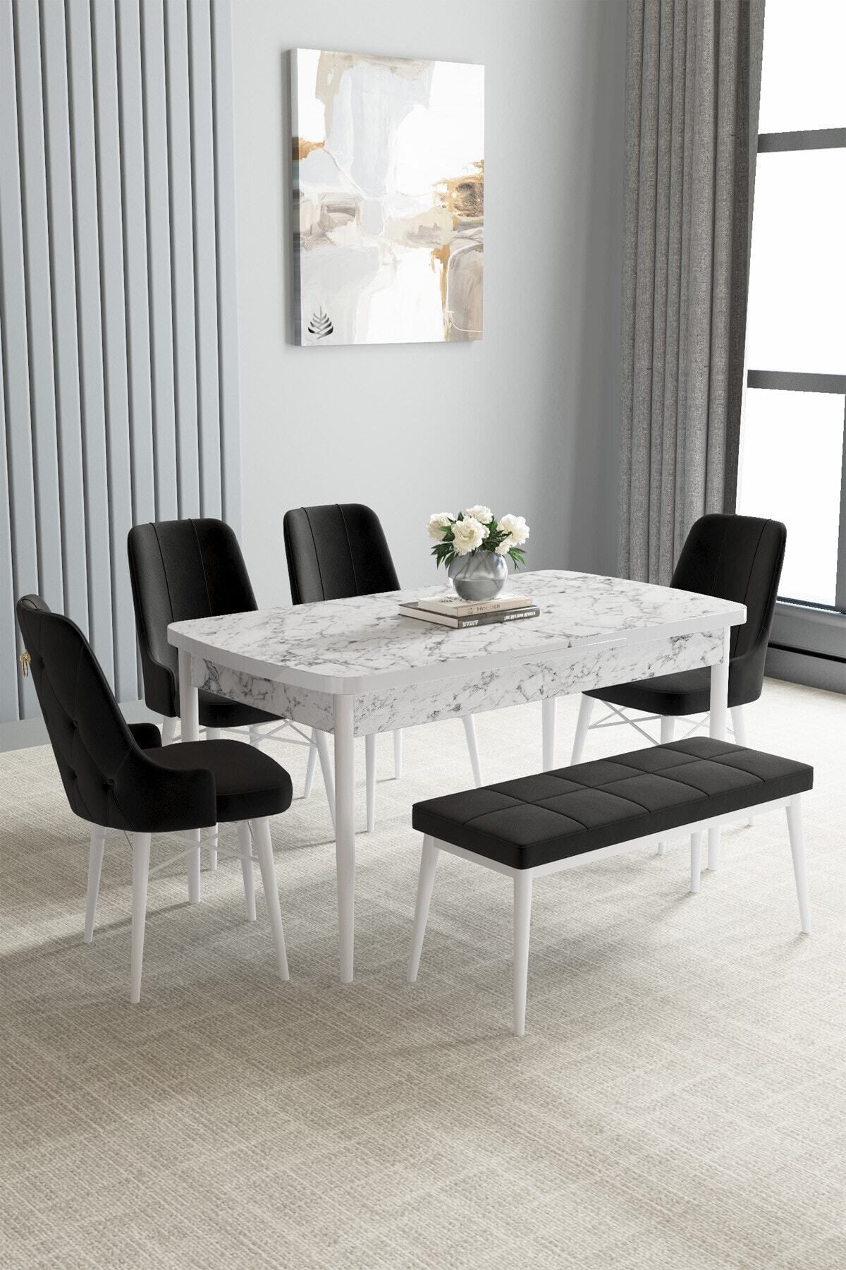 hoopsii t Beyaz Mermer Desen 80x132 Açılabilir Mutfak Masası Takımı 4 Sandalye, 1 Bench