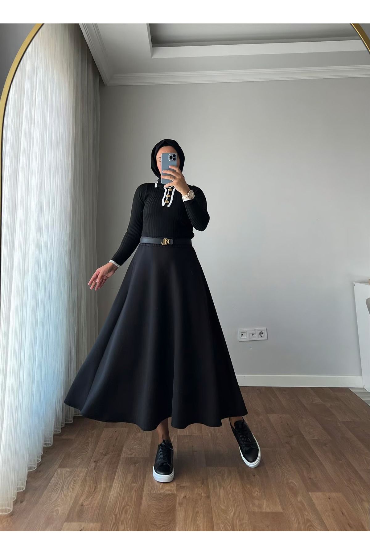 Newness Fashion Forwoard Kadın Puf Scuba Tesettür Siyah Kloş Etek
