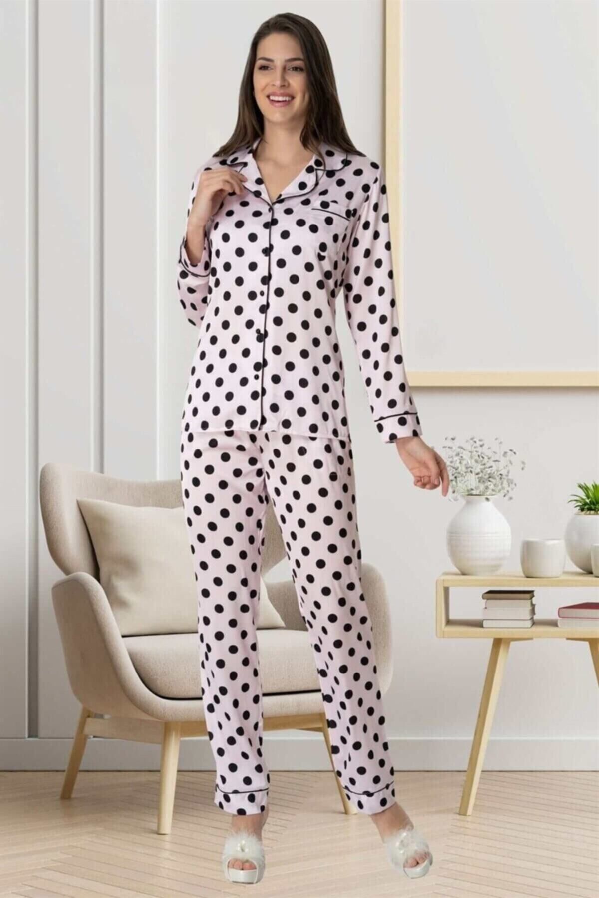 Mecit Pijama Carpediem 1550 Puantiyeli Pembe Saten Lohusa Pijama Takımı