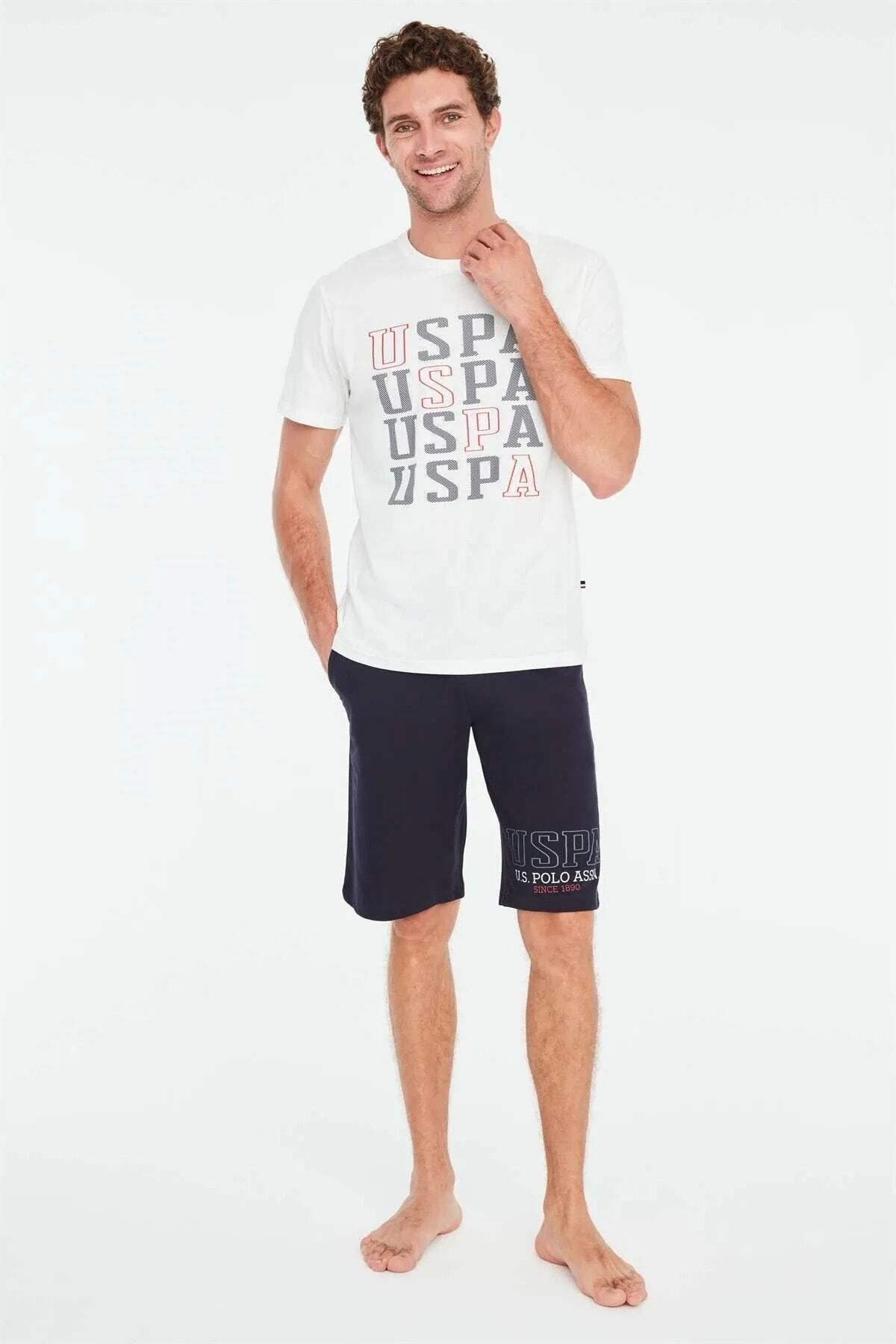 U.S. Polo Assn. Erkek Lisanslı Uspa Ekru T-shirt-Şort Takım