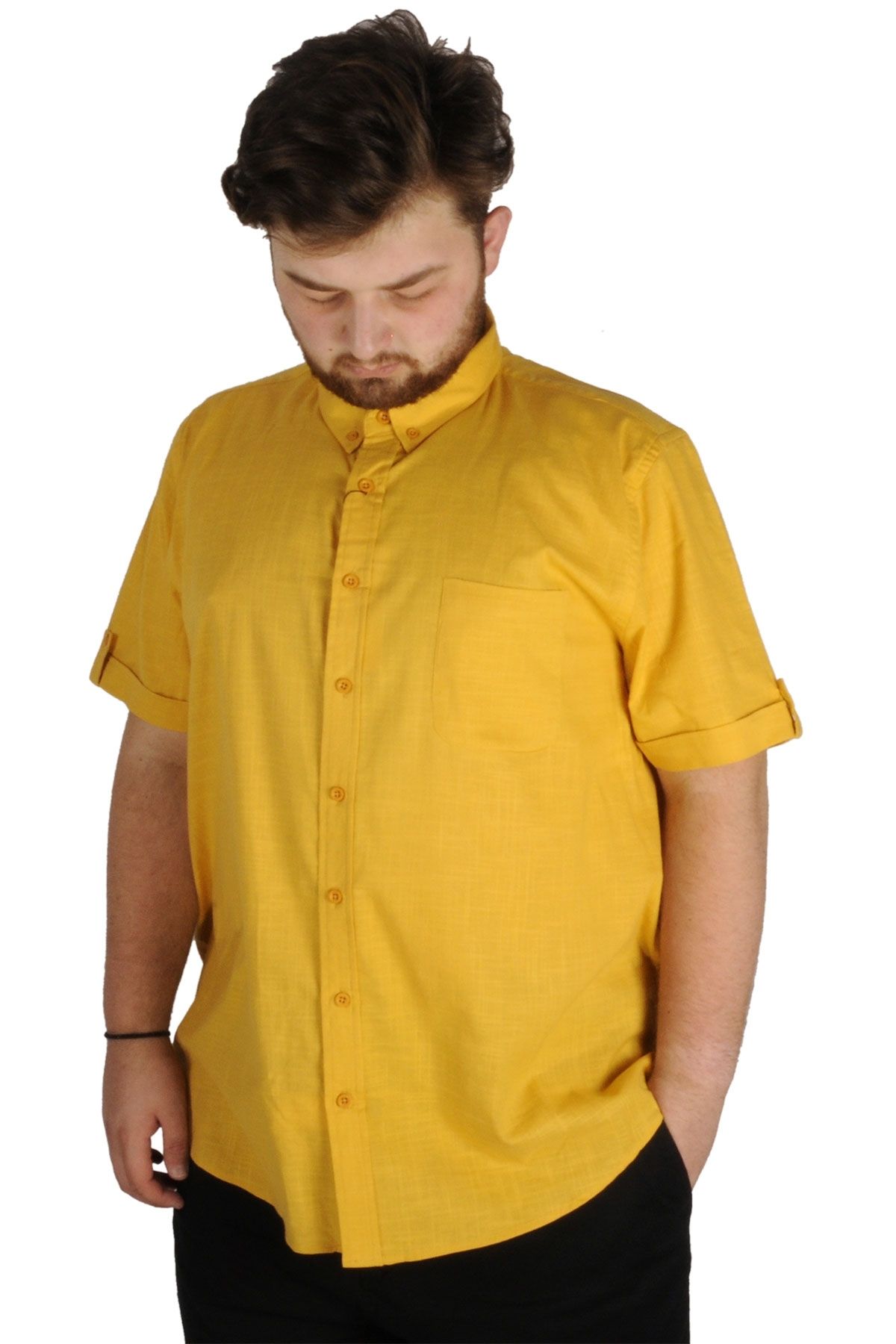 Modexl Mode Xl Büyük Beden Erkek Keten Likralı Gömlek Cepli 20389 Hardal