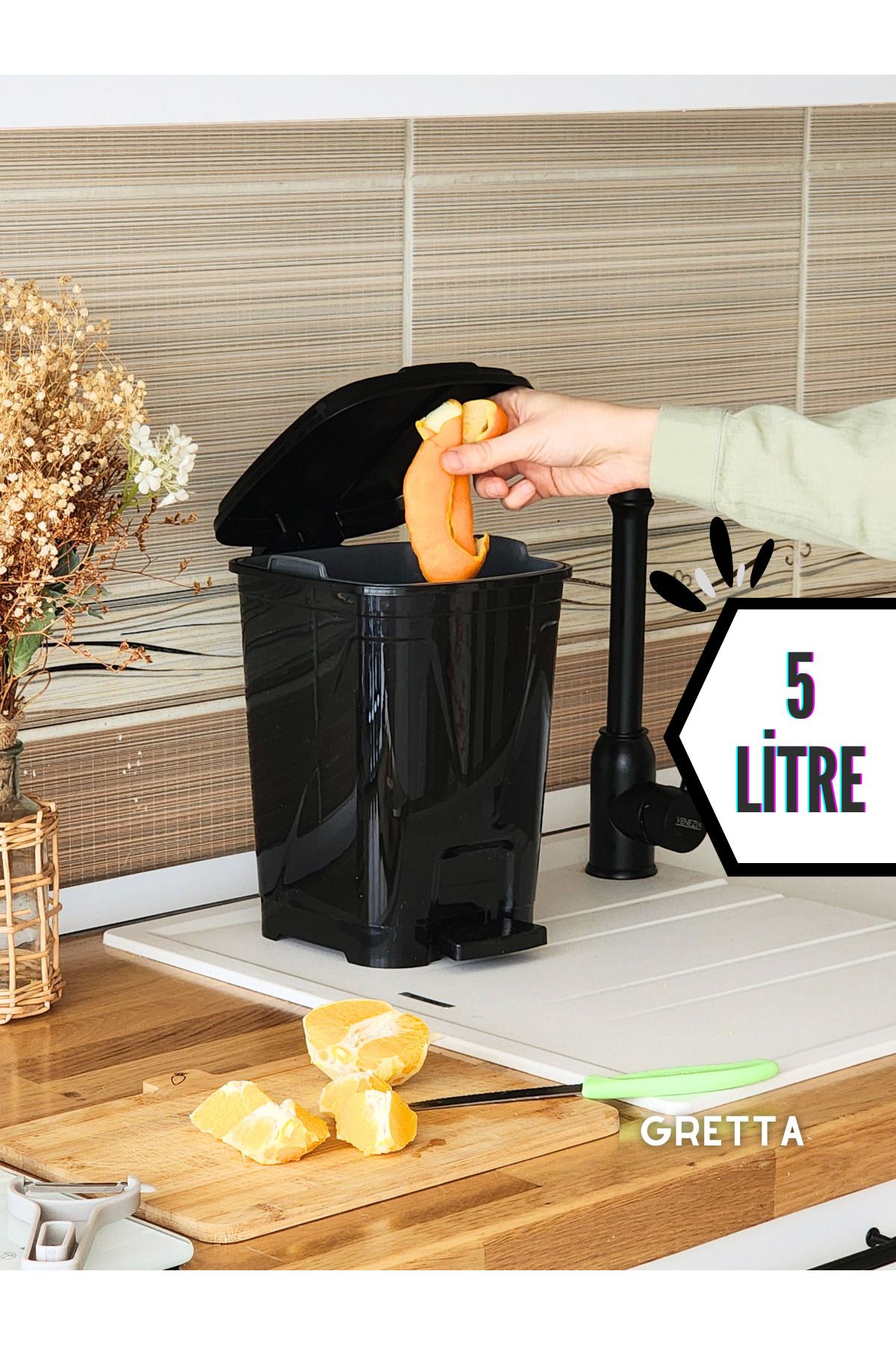 Gretta 5 Litre Siyah Kare Pedallı Çöp Kovası - Mutfak Tezgah Üstü, Banyo Ve Ofis Için Çöp Kovası