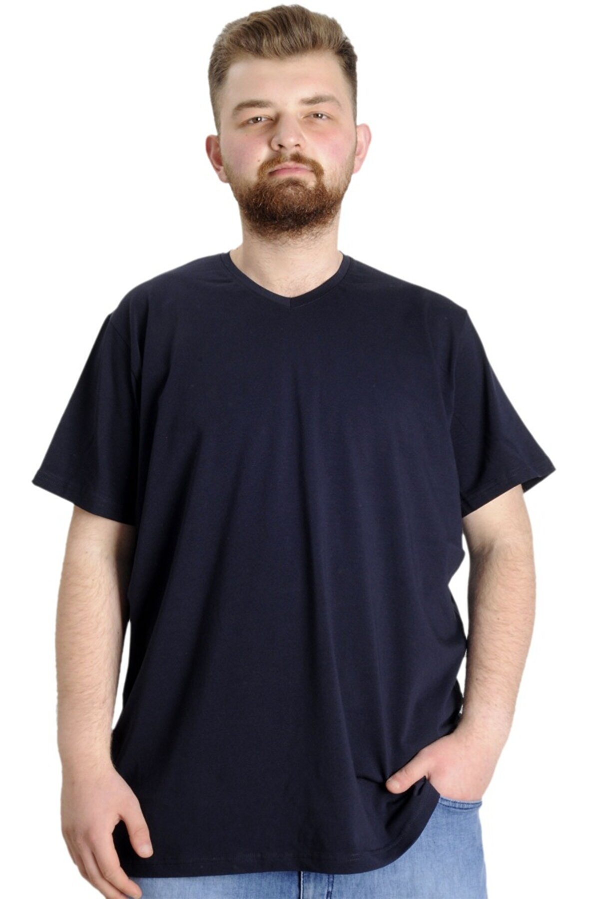Modexl Mode Xl Büyük Beden T-shirt V Yaka Likralı 20150 Lacivert