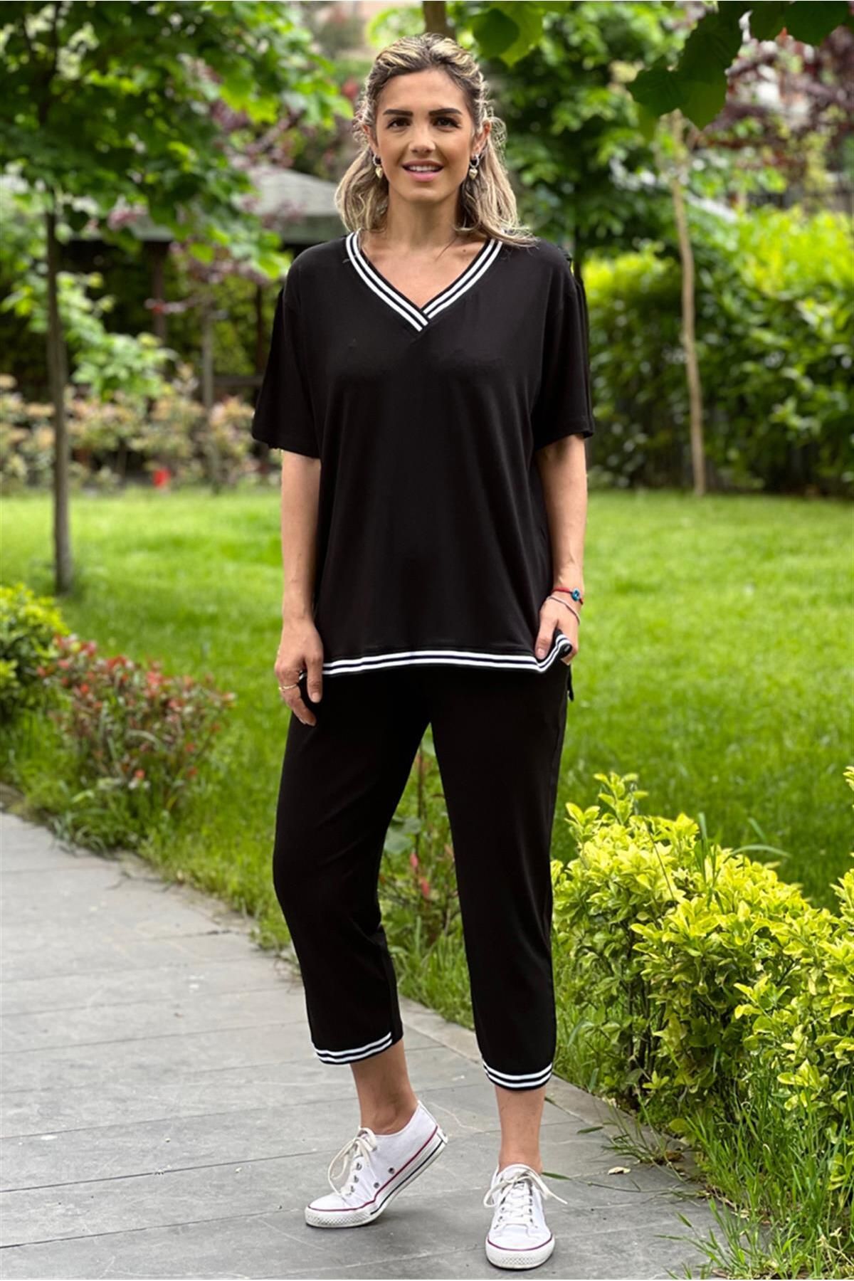 Nevin Kaya Moda Siyah Kısa Kollu Şeritli Ikili Takım - Pantolon Bluz