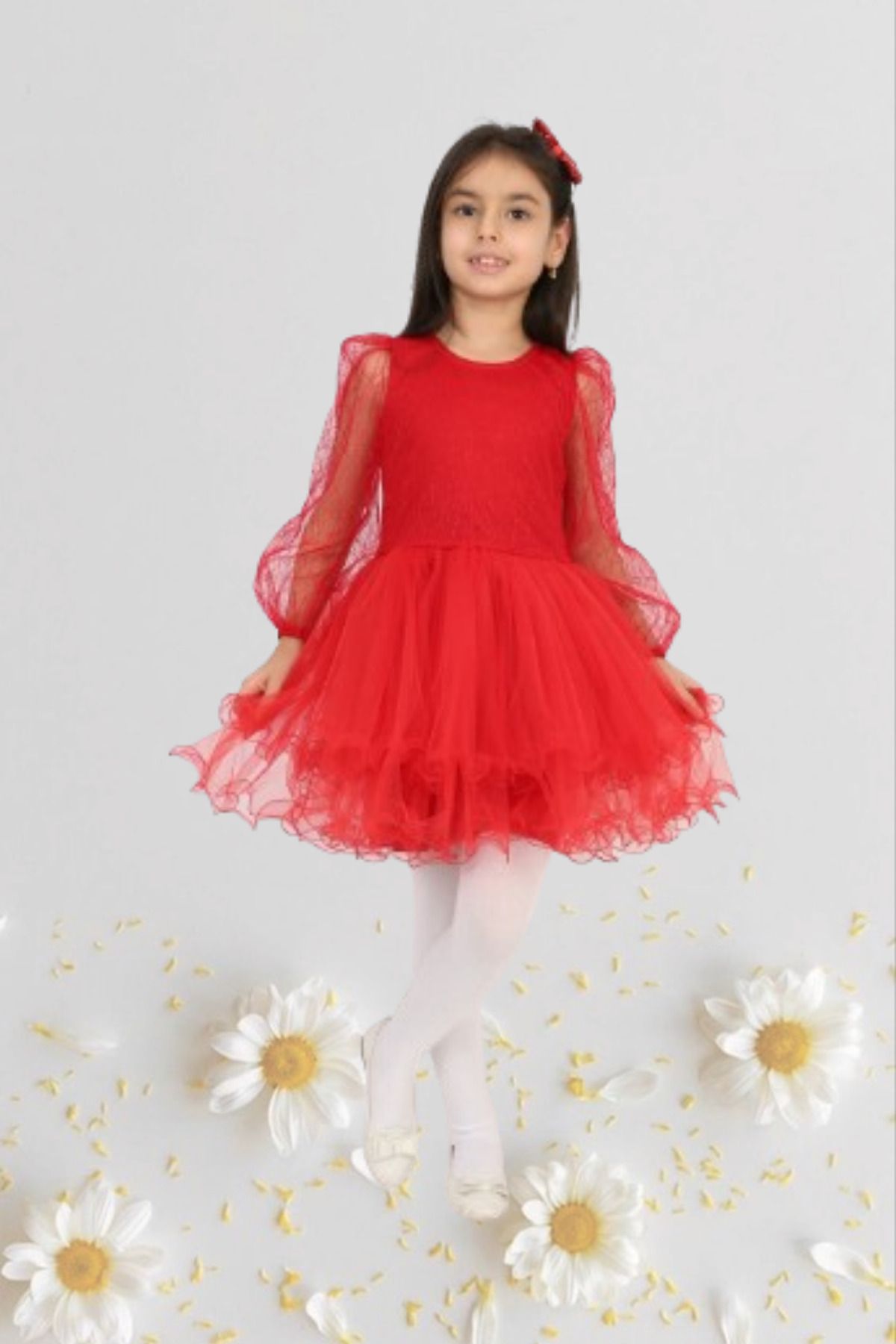 Nacar Kız Çocuk 23 Nisan Okul Gösteri Doğum Günü Tüllü Kırmızı Kısa Elbise 024