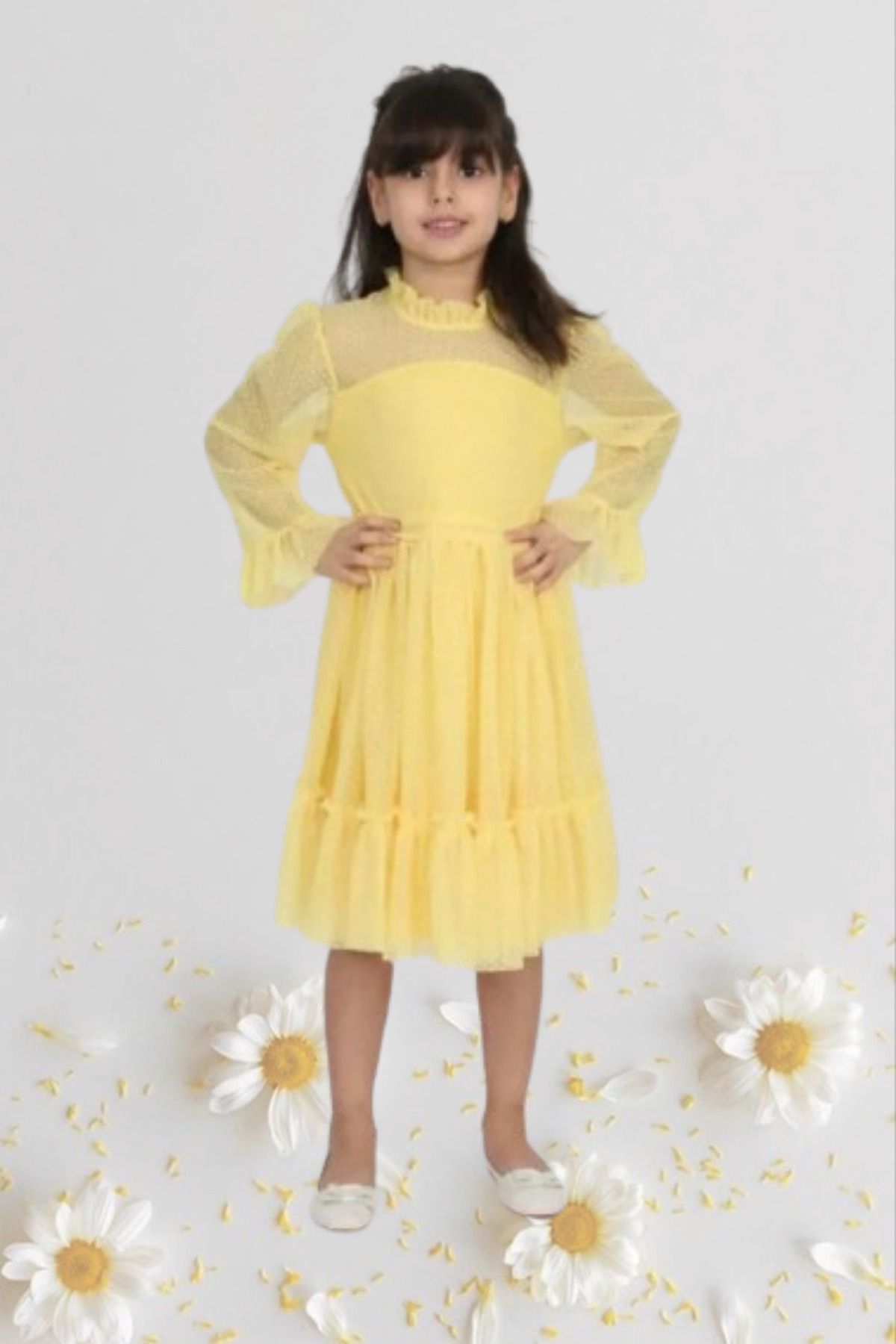 Nacar Kız Çocuk 23 Nisan Okul Gösteri Doğum Günü Tüllü Sarı Kısa Elbise 024