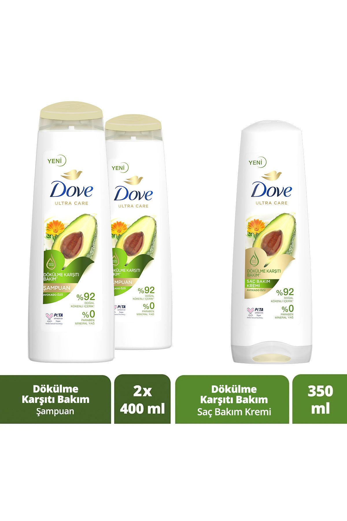 Dove Ultra Care Saç Bakım Şampuanı Dökülme Karşıtı Bakım Avokado 400 ml X2 Saç Bakım Kremi 350 ml