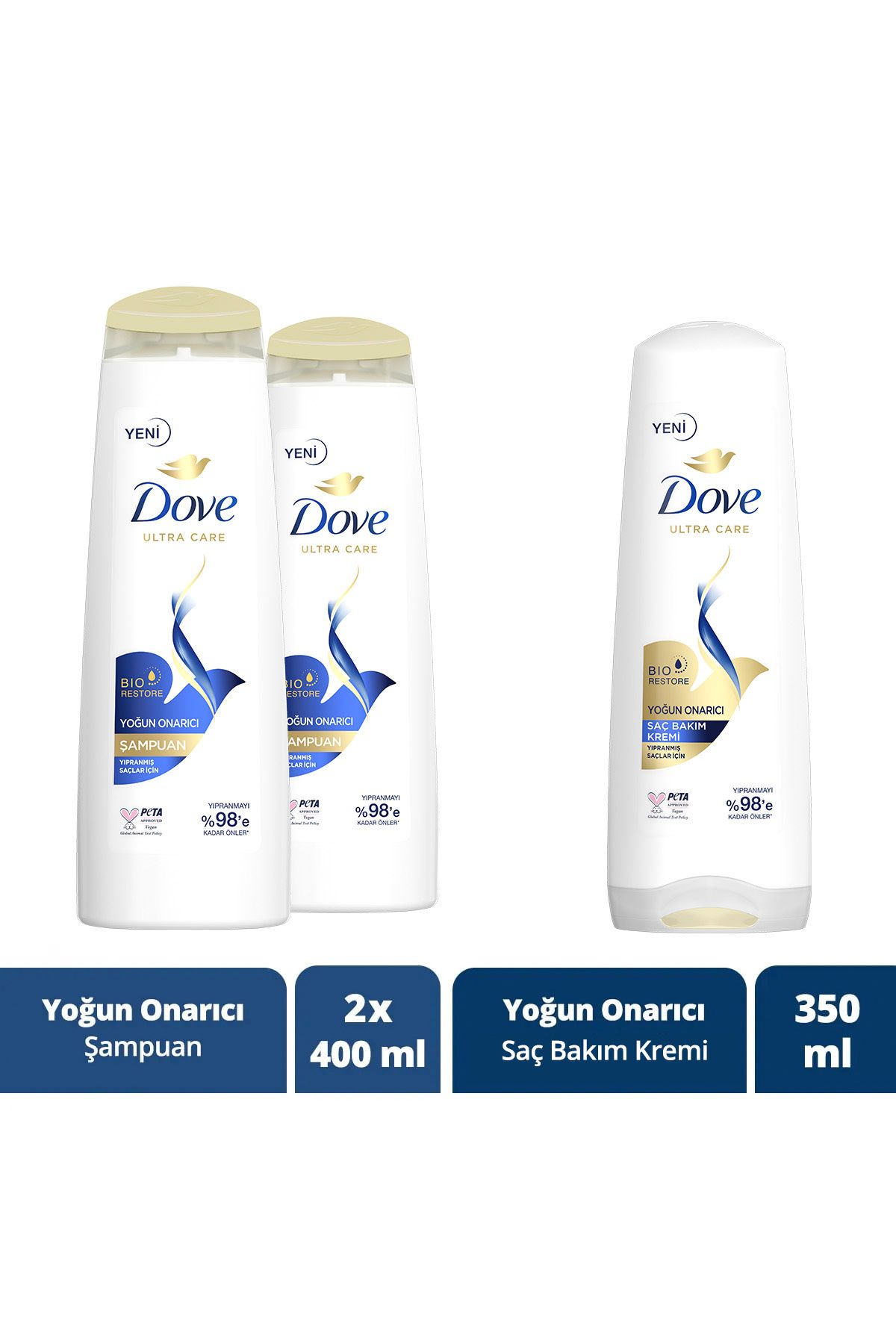 Dove Ultra Care Saç Bakım Şampuanı Yoğun Onarıcı Yıpranmış Saçlar 400 ml X2 Saç Bakım Kremi 350 ml
