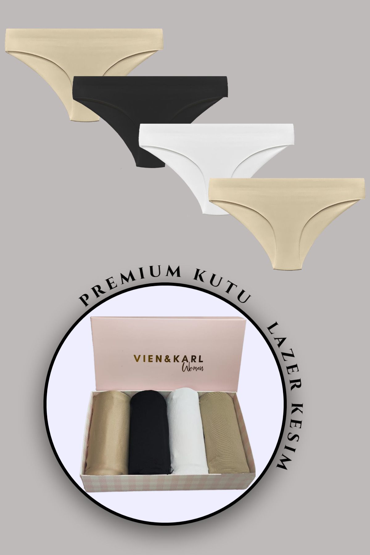 Vien&Karl Kadın Lazer Kesim Külot 4'lü Premium Kutuda Siyah Beyaz Ten