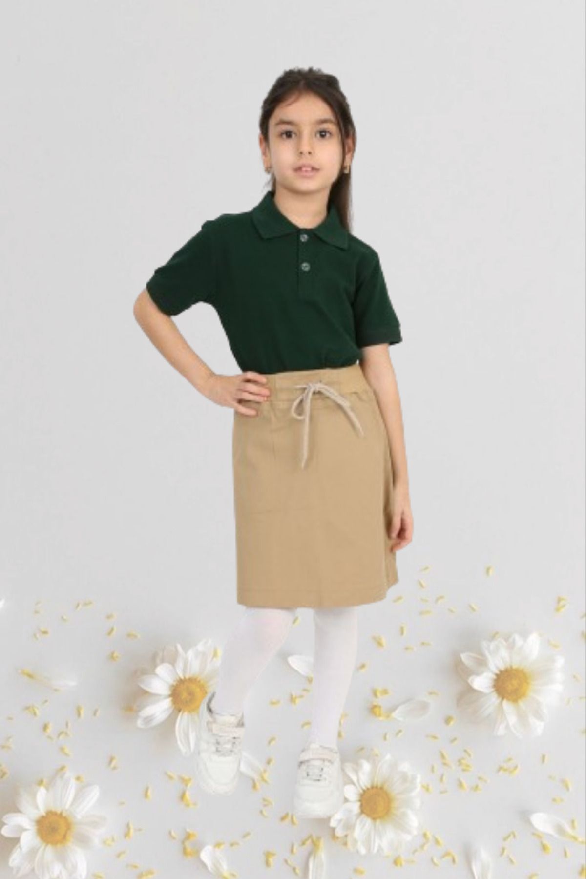 Nacar Kız Çocuk 23 Nisan Okul Gösteri Kıyafeti Ribana Şort Etek Polo Yaka Tshirt Takım 024