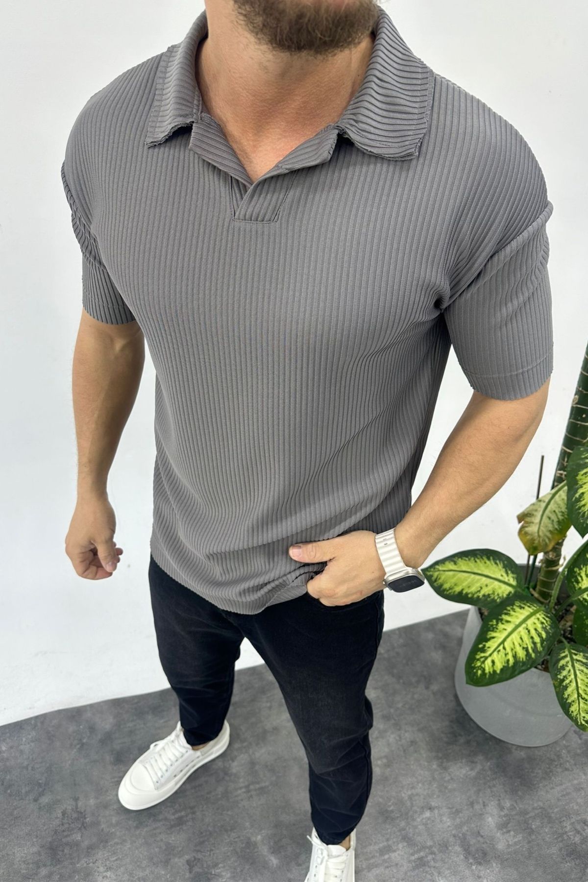 MADZEYMODA Erkek Ottoman Kumaş Rahat Kalıp Füme Polo Yaka T-shirt