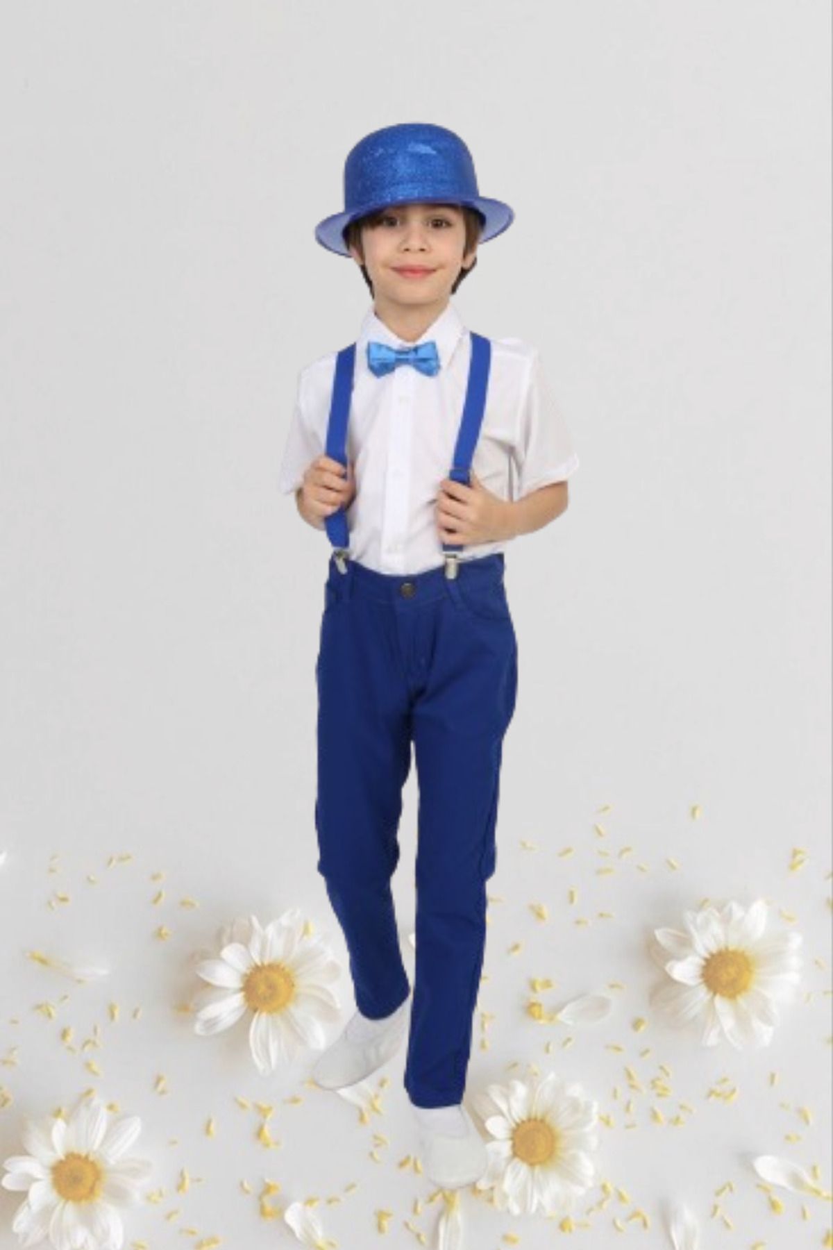 Nacar Erkek Çocuk 23 Nisan Kıyafeti Kostüm Pantolon Kısa Kol Gömlek Papyon Mavi Takım 024