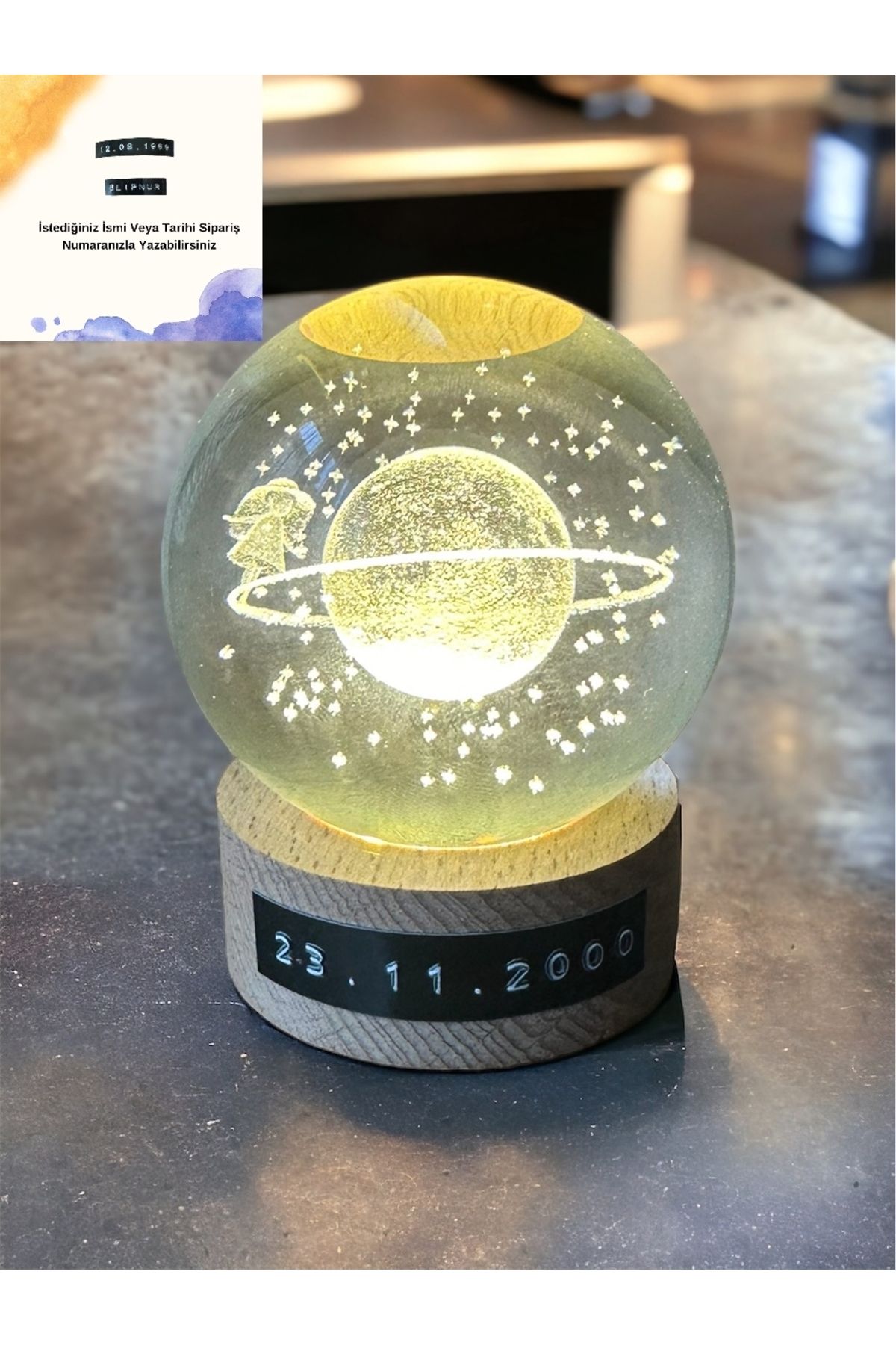 HOVARDA Cam Küre Isme Özel Kız Satürn Işıklı Dekoratif Küre Masa Gece Lambası Sevgiliye Hediye 14 Şubat