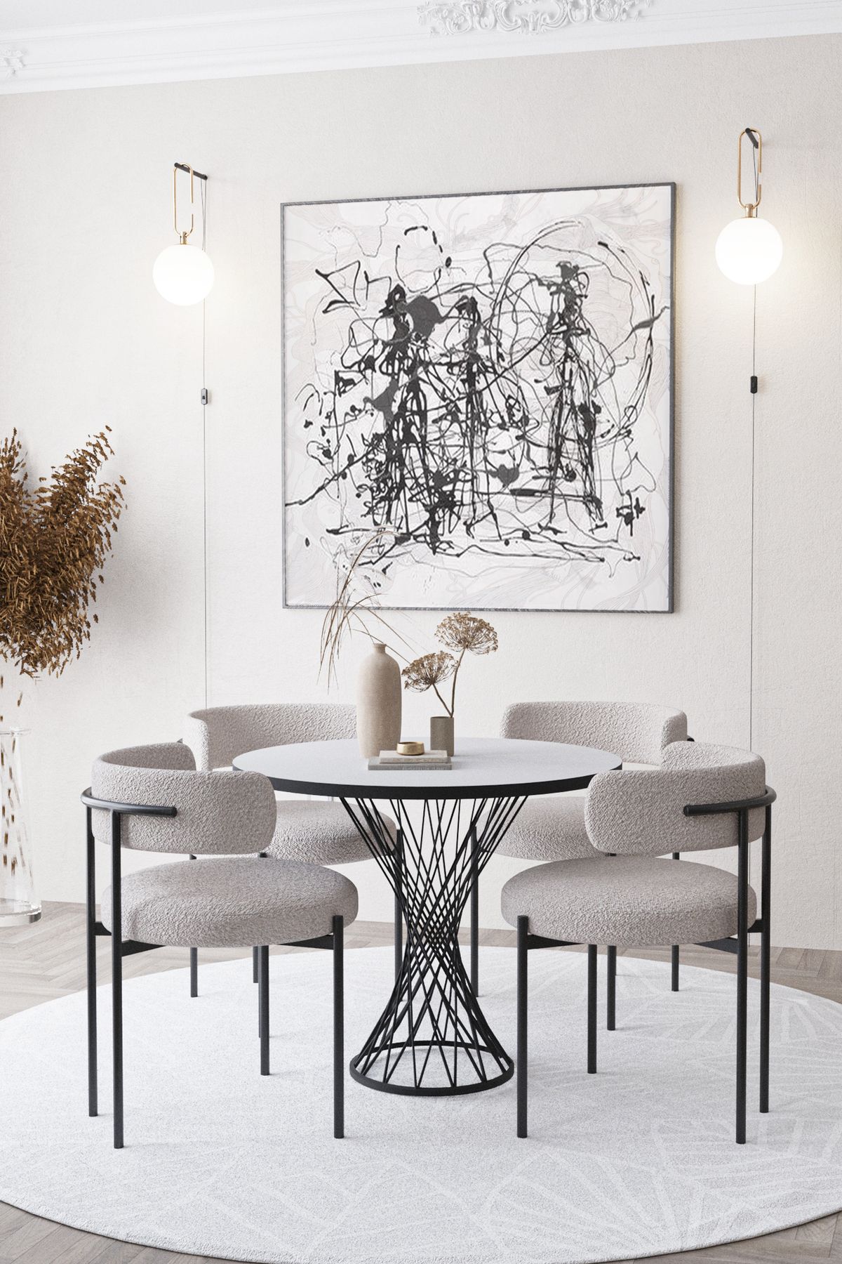 Ressa Home Teddy Sandalye 90x90 Yuvarlak Siyah Hasır Ayaklı Yemek Masası Mutfak Masası Masa Sandalye Takımı