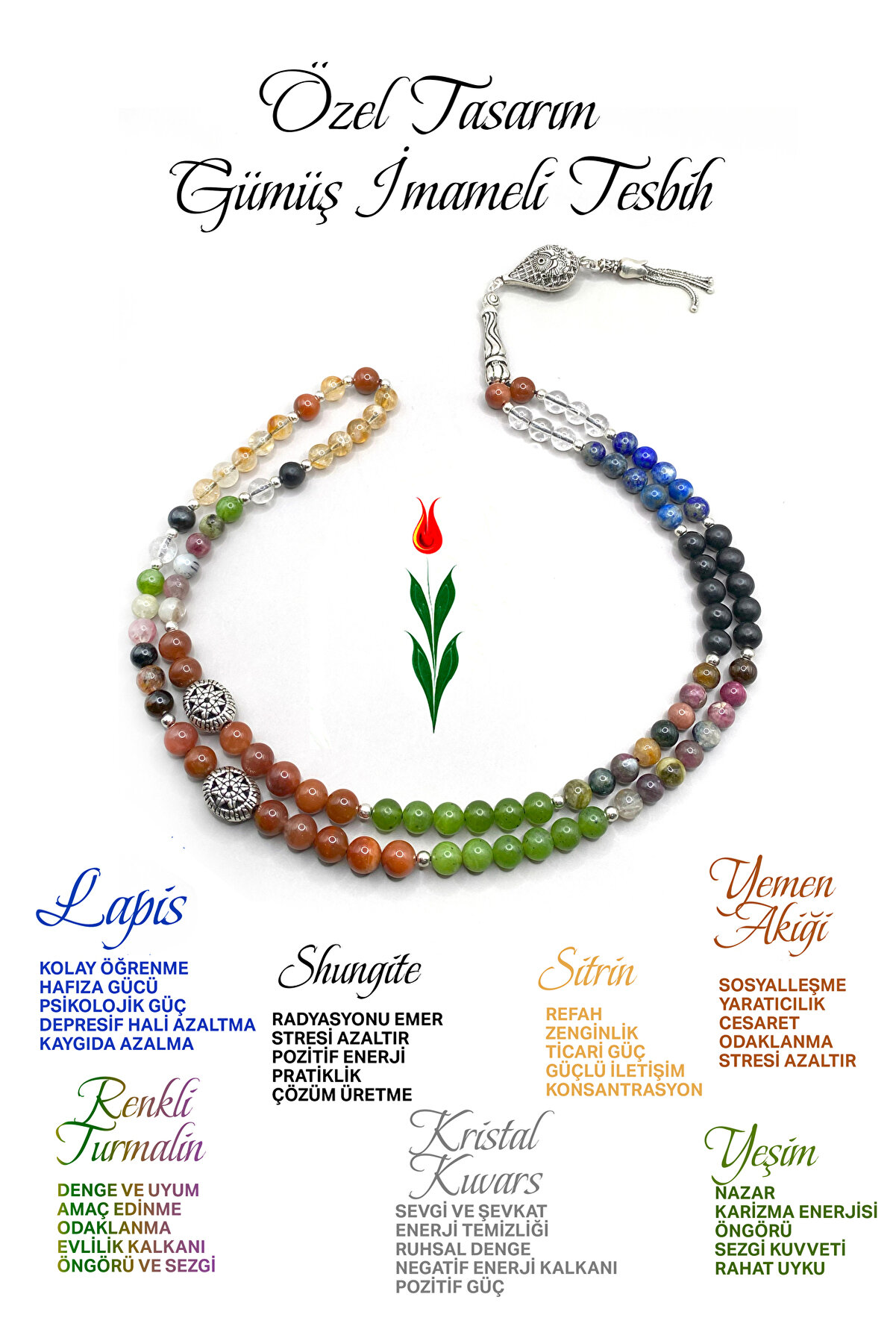 OSMANLI DEĞERLİ TAŞ 99'luk Gümüş Lapis Şungit Yeşim Tesbih