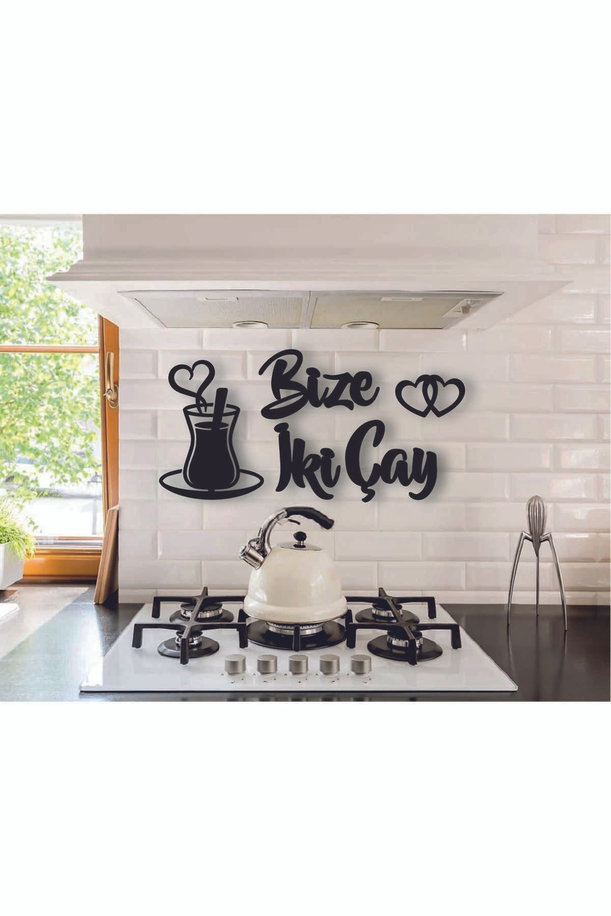 StorHome Siyah Ahşap Bize İki Çay Yazılı Mutfak Dekoru - Mutfak Duvar Süsü Lazer Kesim Tablo