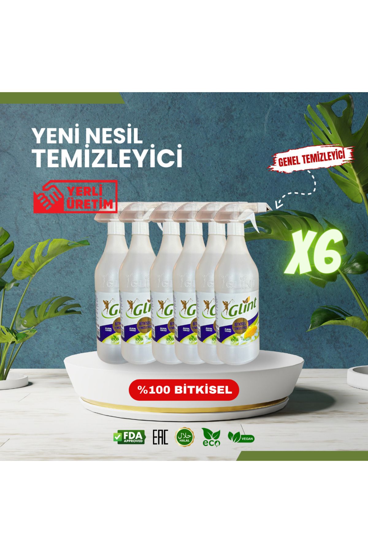 Glint 6 X 1 Lt %100 Bitkisel Çok Amaçlı Efsane Genel Temizleyici Tamamen Kokusuz