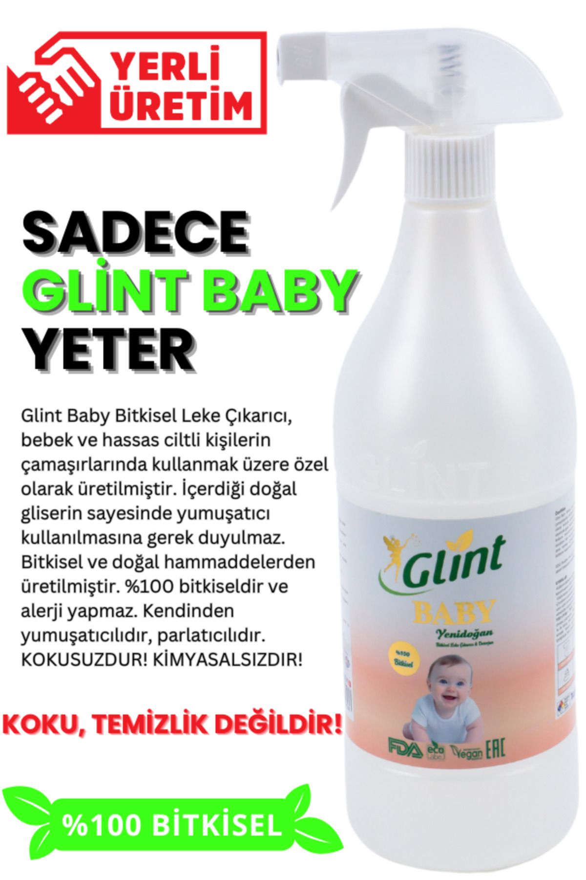 Glint Baby 1 Litre %100 Bitkisel Çamaşır Leke Çıkarıcı Bebek Genel Temizleyici Sertifikalı