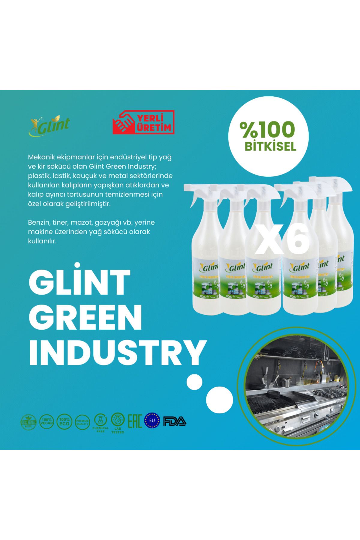 Glint Green Industry 6 X 1 Lt. %100 Bitkisel Halı Döşeme Tül Perde Vegan Küf Temizleyici
