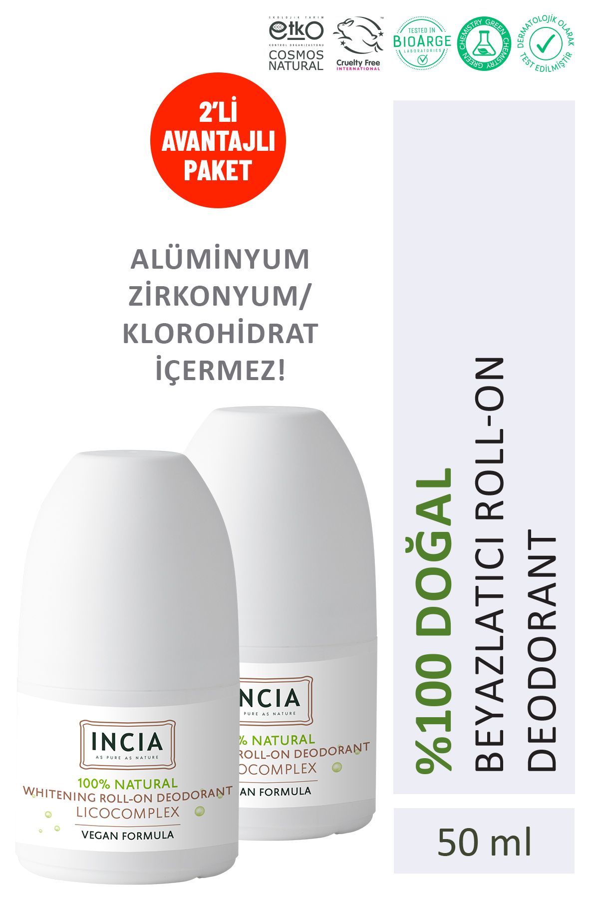 INCIA %100 Doğal Roll On Deodorant Beyazlatıcı Ter Kokusu Önleyici Lekesiz 50 ml X2 Adet
