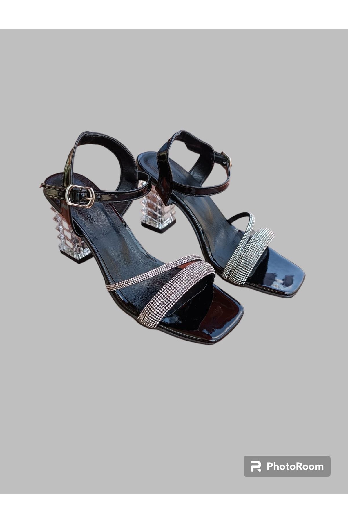İpek kadın siyah taşlı şeffaf topuklu sandalet