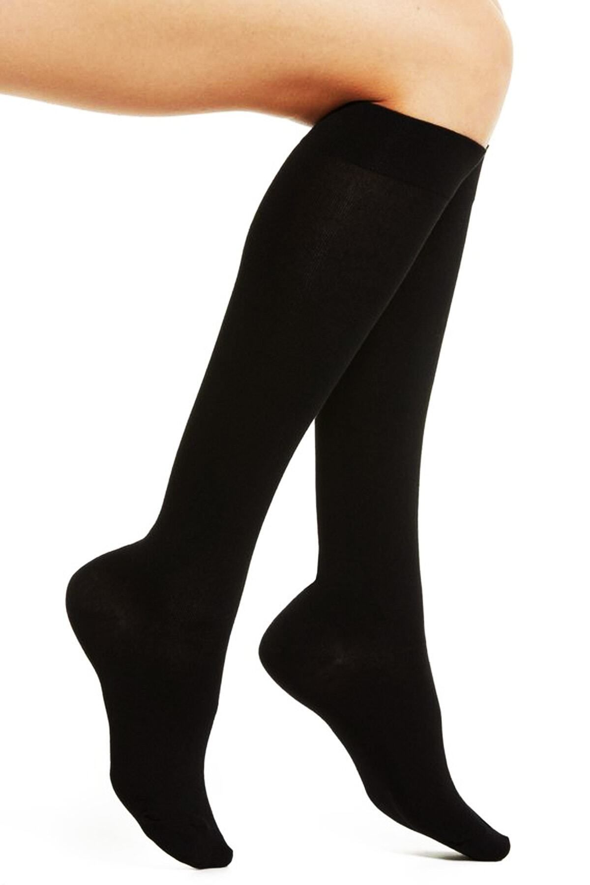 Design Socks Kadın Düz Pamuklu Siyah Diz Altı Çorap - Desen Çorap