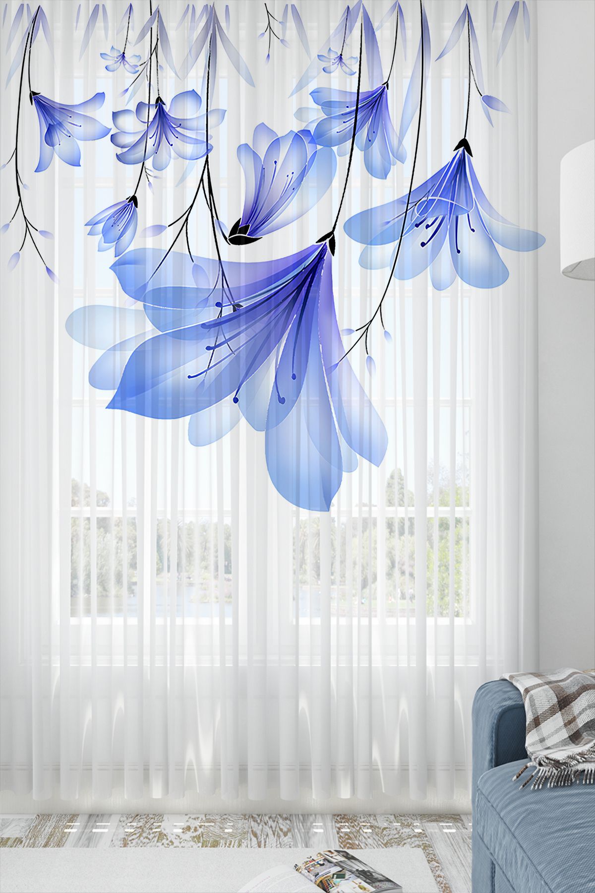 Else Halı Mavi Çiçekler Desen Baskılı Dekoratif Salon Mutfak Tül Perde 140x260cm