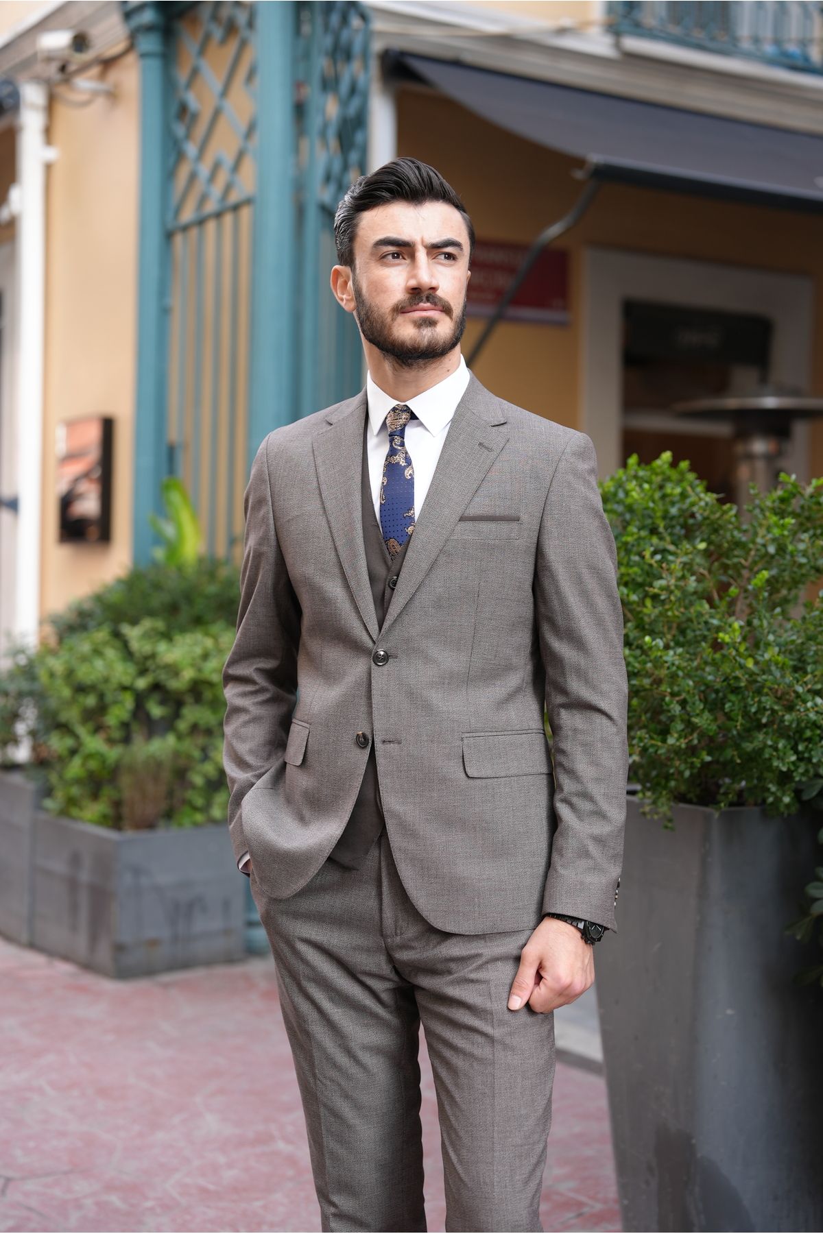 LONATOLİA Erkek Kombinli Takım Elbise Kırlangıç Yaka İtalyan Kesim Slim Fit Ceket Yelek Pantolon