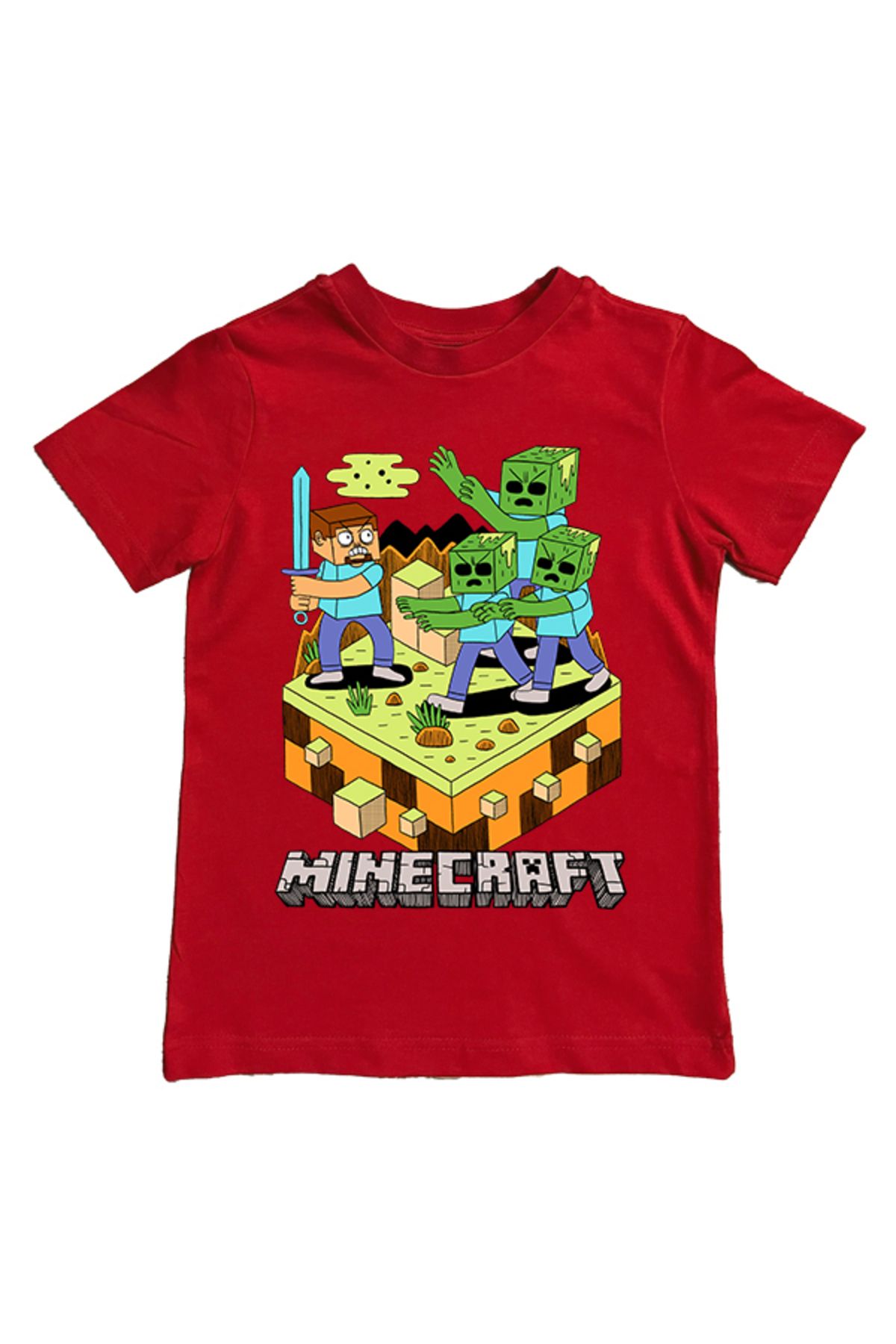 Minecraft baskılı pamuklu penye kumaş yazlık çocuk tişört