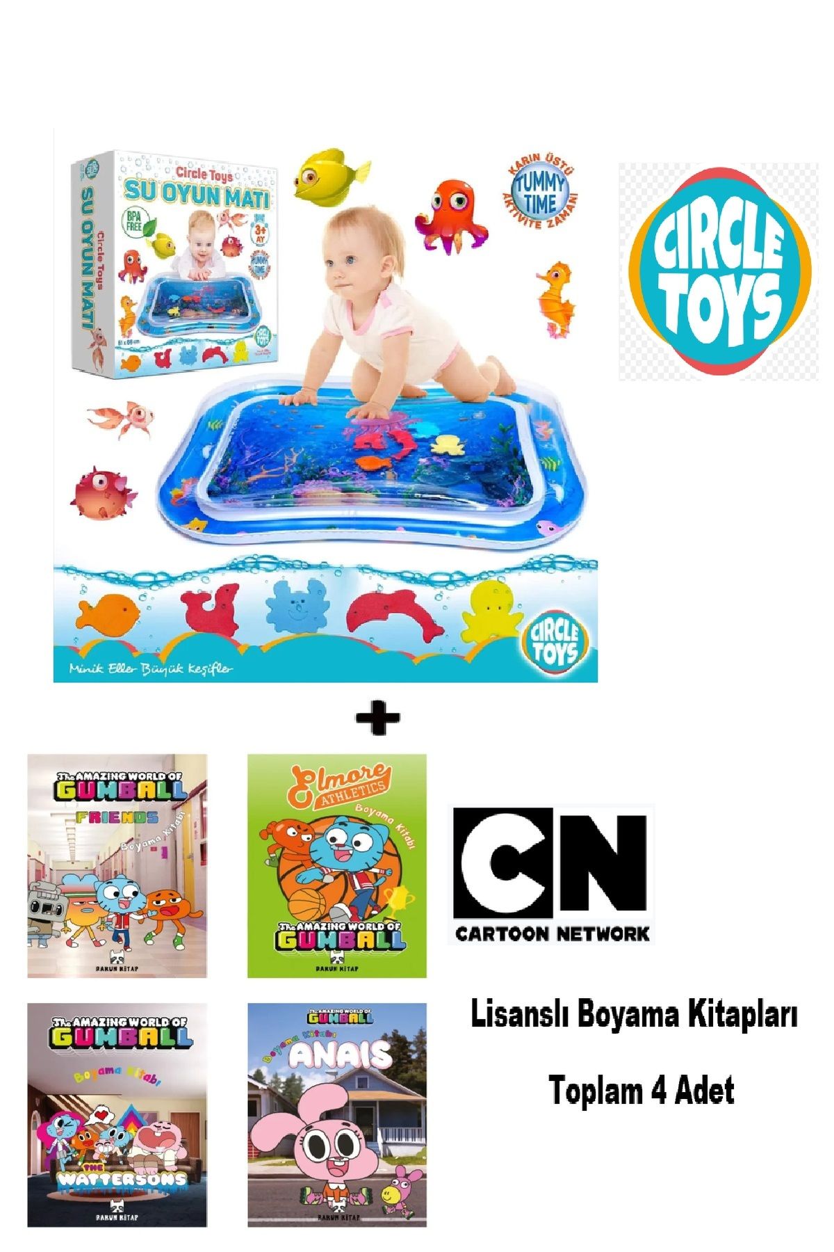 Circle Toys Bebek Su Matı Tummy Time Aktivite Oyuncağı Su Havuzu + Cartoon Network Boyama Kitapları