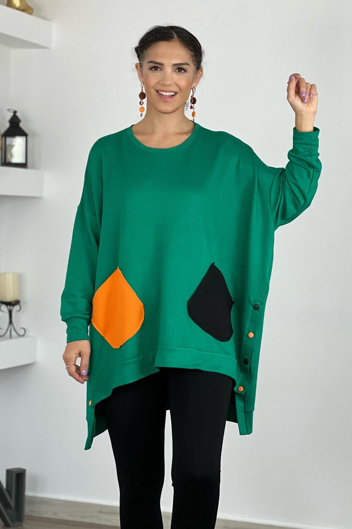 Nevin Kaya Moda Yeşil Renkli Cepli Renkli Düğmeli Tunik