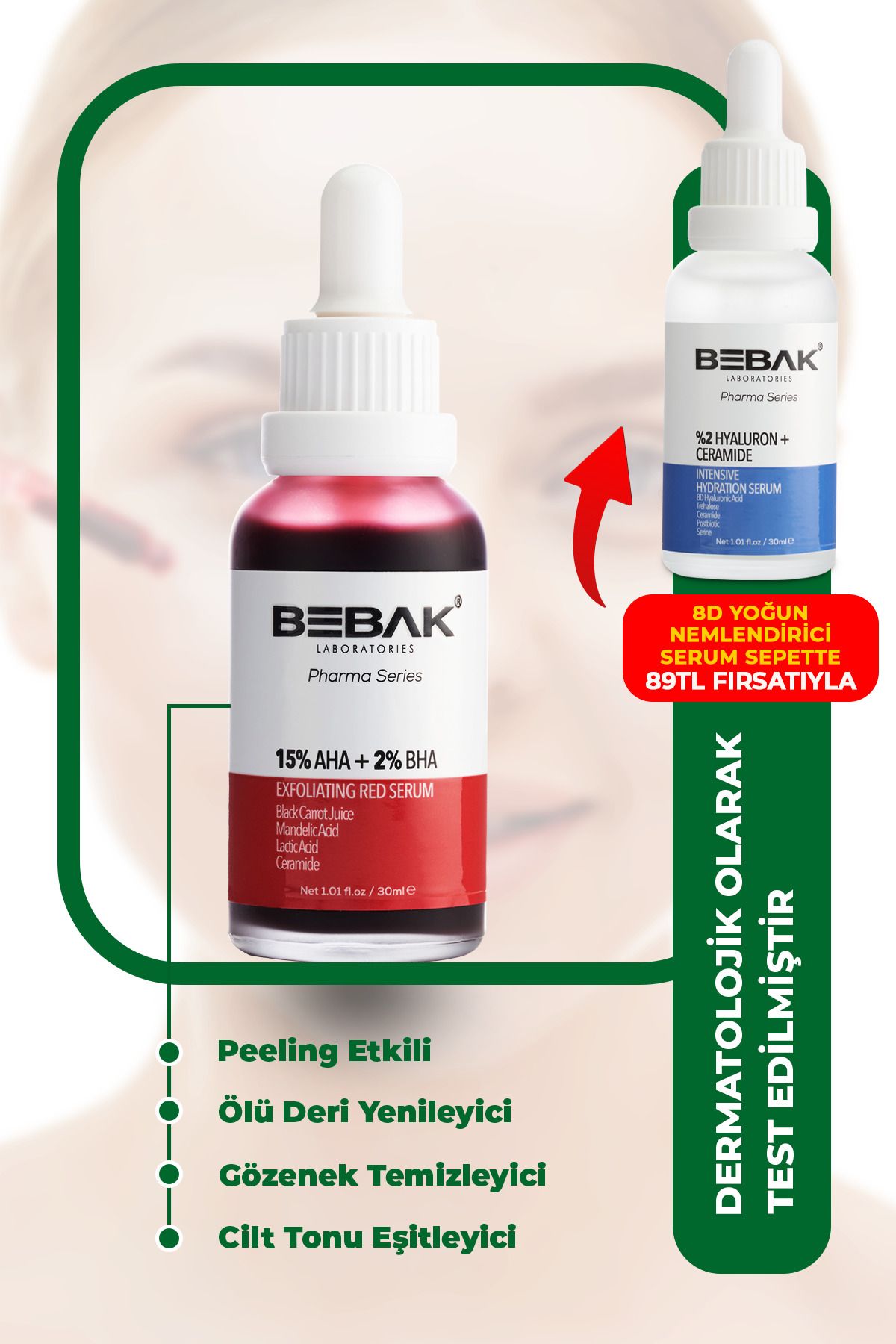 Bebak Pharma %15 AHA+%2 BHA Cilt Tonu Eşitleyici Kırmızı Peeling Serum Exfoliating Red Serum 30ml