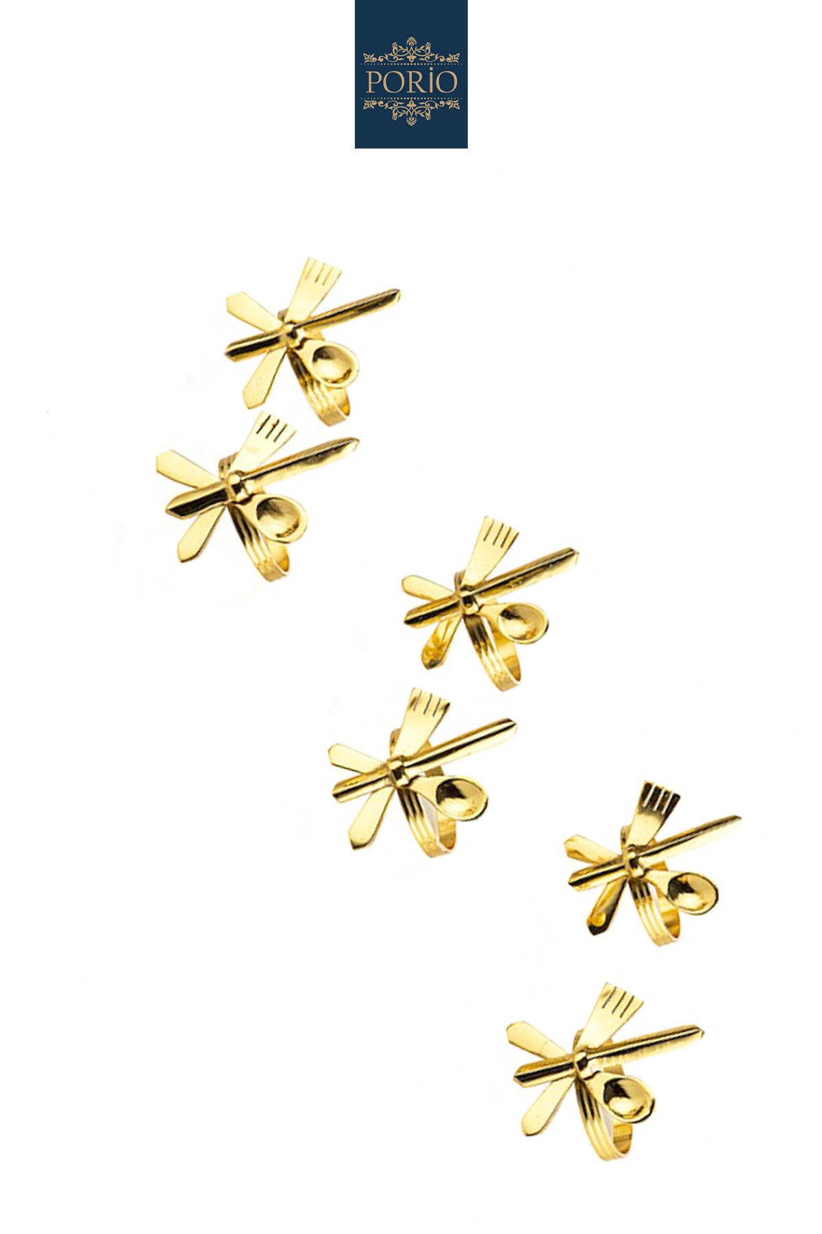 Porio 6 adet Gold Çatal Kaşık Bıçak Dekoratif Peçete Yüzüğü Halkası