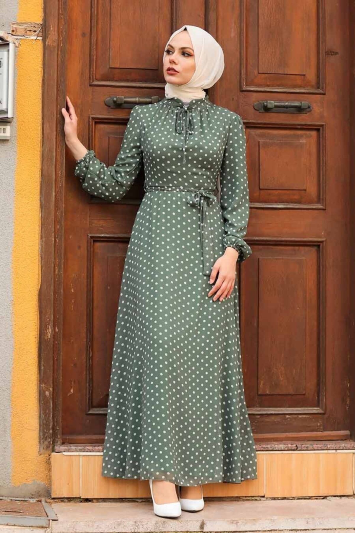Neva Style Kadın Puantiyeli Haki Tesettür Elbise 27909hk