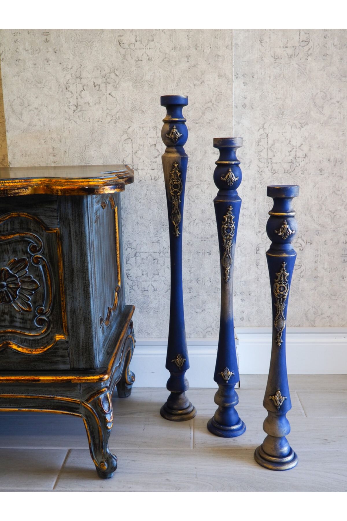 Genel Markalar Ahşap Dekoratif Vintage 3 Lü Şamdan 3 Parça Mavi