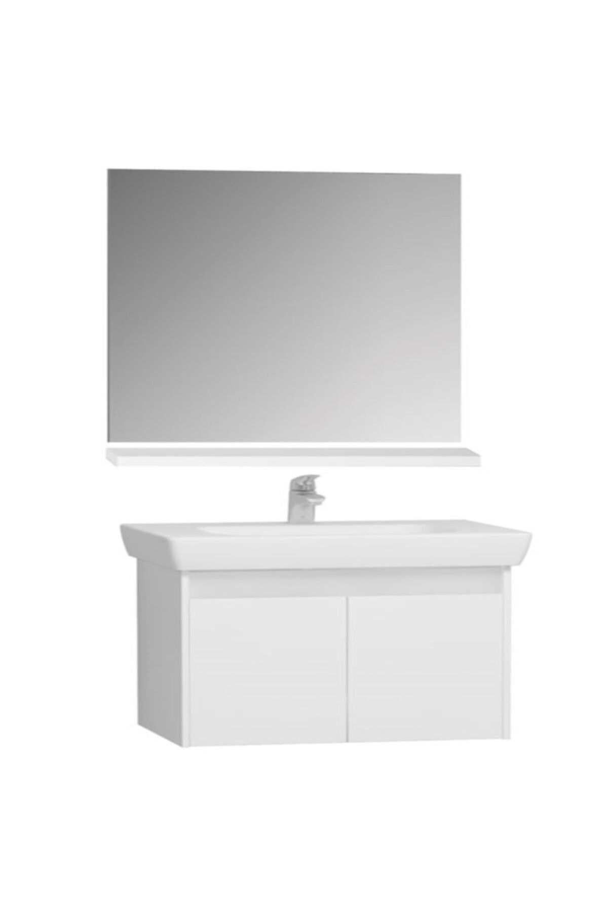 VitrA Beyaz Step Banyo Dolabı  Kapaklı Lavabo Dolabı Ayna Raf Parlak 85 cm
