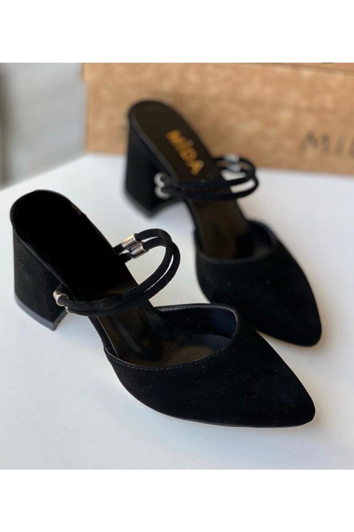 BY MAY SHOES Kadın Siyah Süet Topuklu Ip Sandalet Terlik Ayakkabı