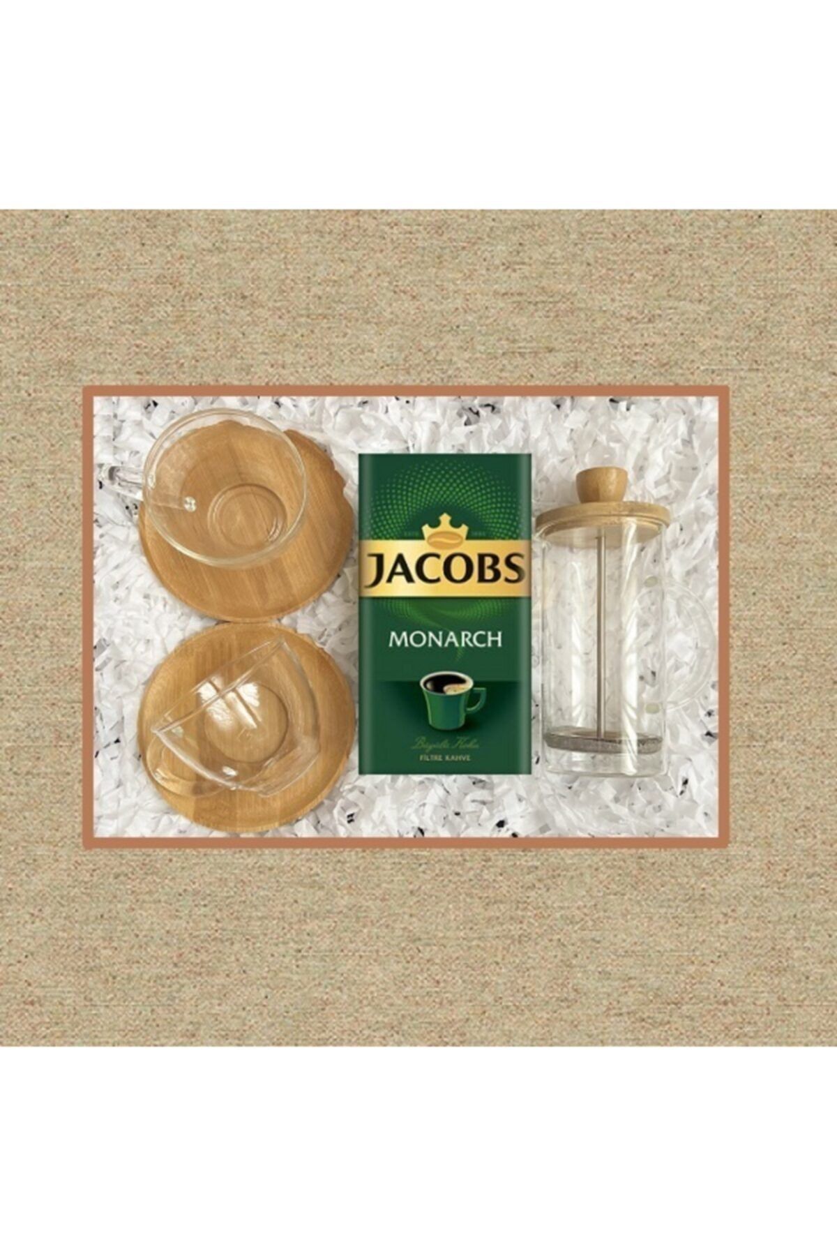 Jacobs Monarch 250 Gr & Cam French Press & Bambu Tabaklı Fincan  2'li  Hediye Seti