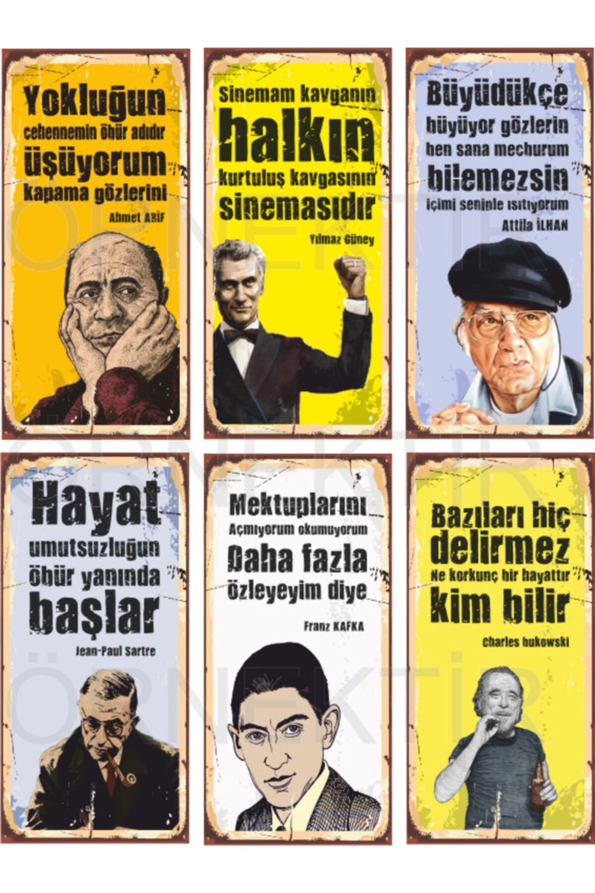 Hayat Poster Ahmet Arif, Yılmaz Güney, Attila Ilhan, Sartre, Kafka, Bukowski 6lı Mini Retro Ahşap Poster Seti