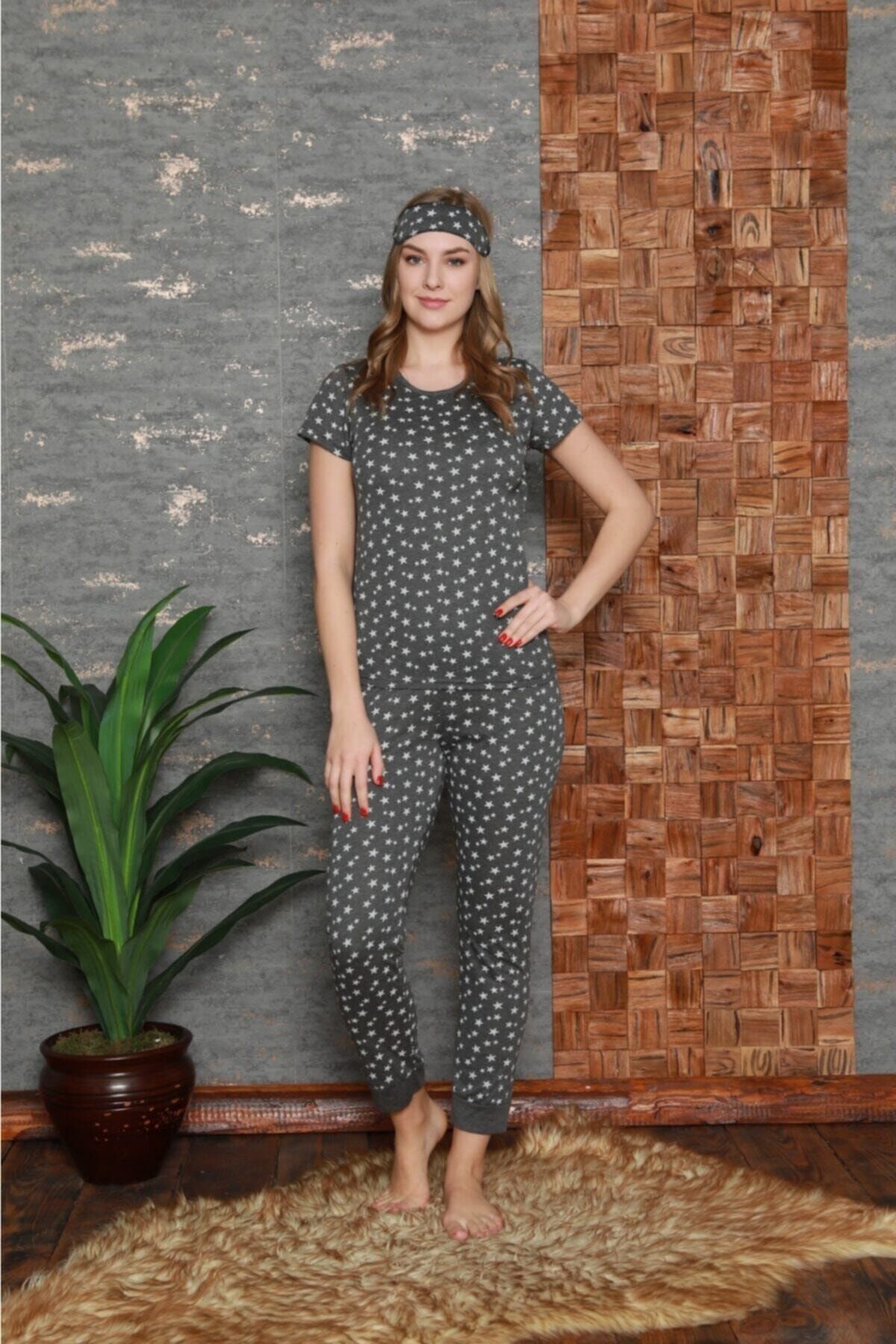 Stil Moda Kadın Antrasit Pamuklu Baskılı Kısa Kol Pijama Takım