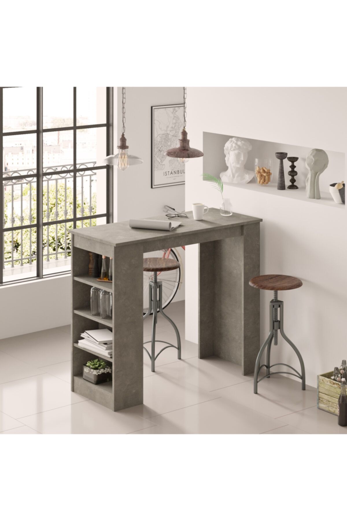 Yurudesign Style Bar Masası Mutfak Yemek Masası Beton St1-rg