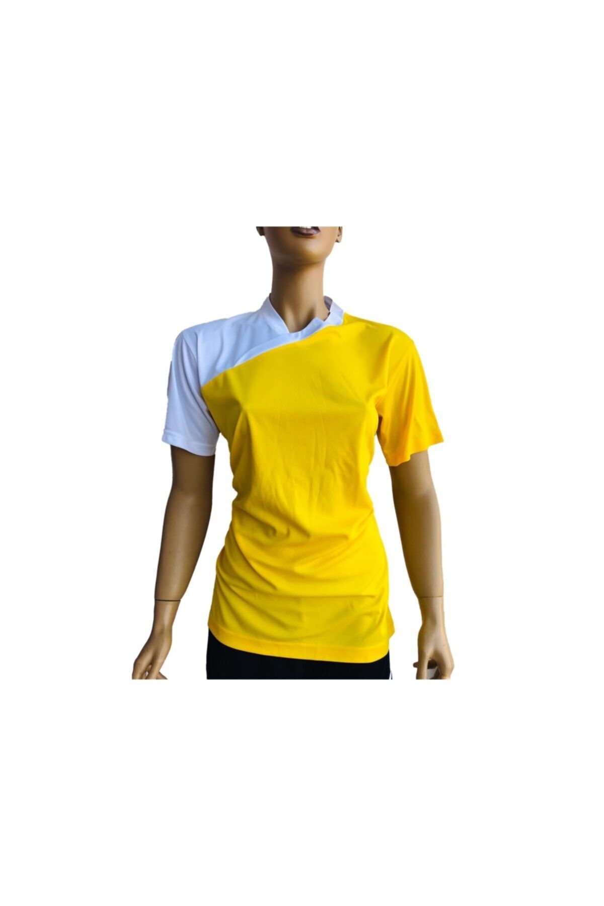 Kadın Sarı  Beyaz Yarım Çapraz Spor Tişört_0